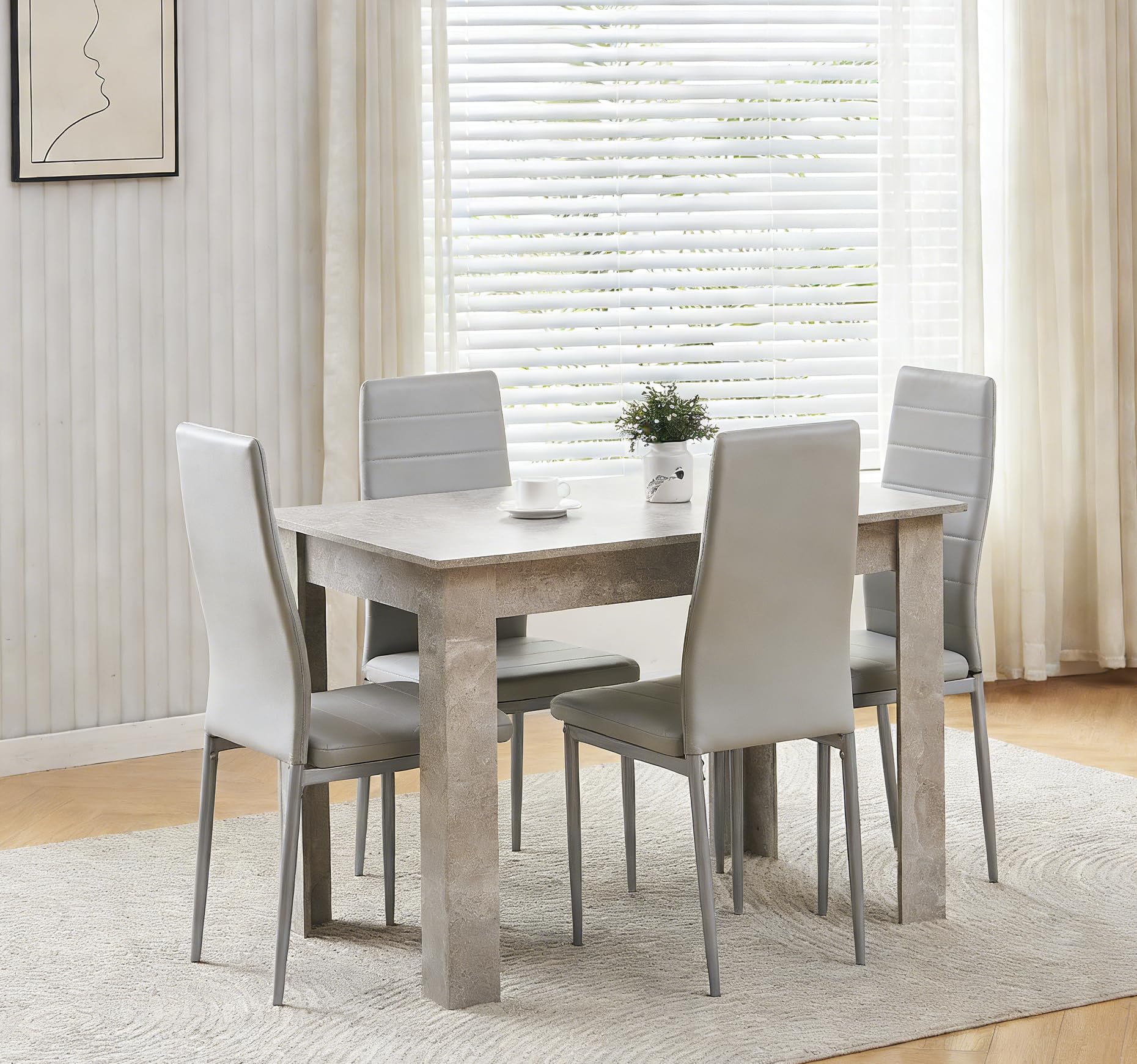 Menaka Wood Dining Table and Chairs Set of 4, Small Rectangular Kitchen Dinner Table with 4 Seaters (line grey leather chairs, 110cm grey marble table, 4 seaters) — image 1