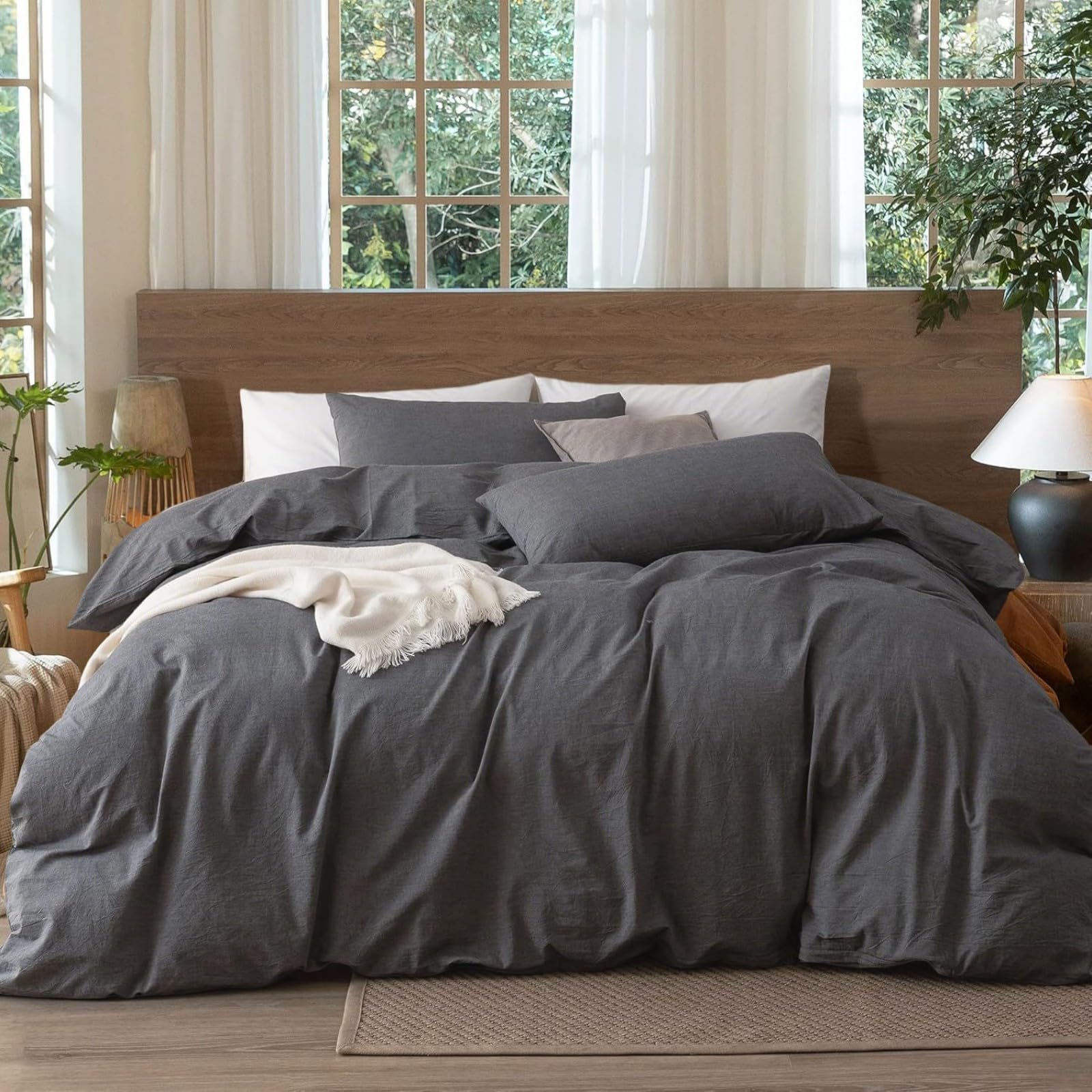 Housse de couette 200x200 en coton parure de lit ado adulte gris réversible
