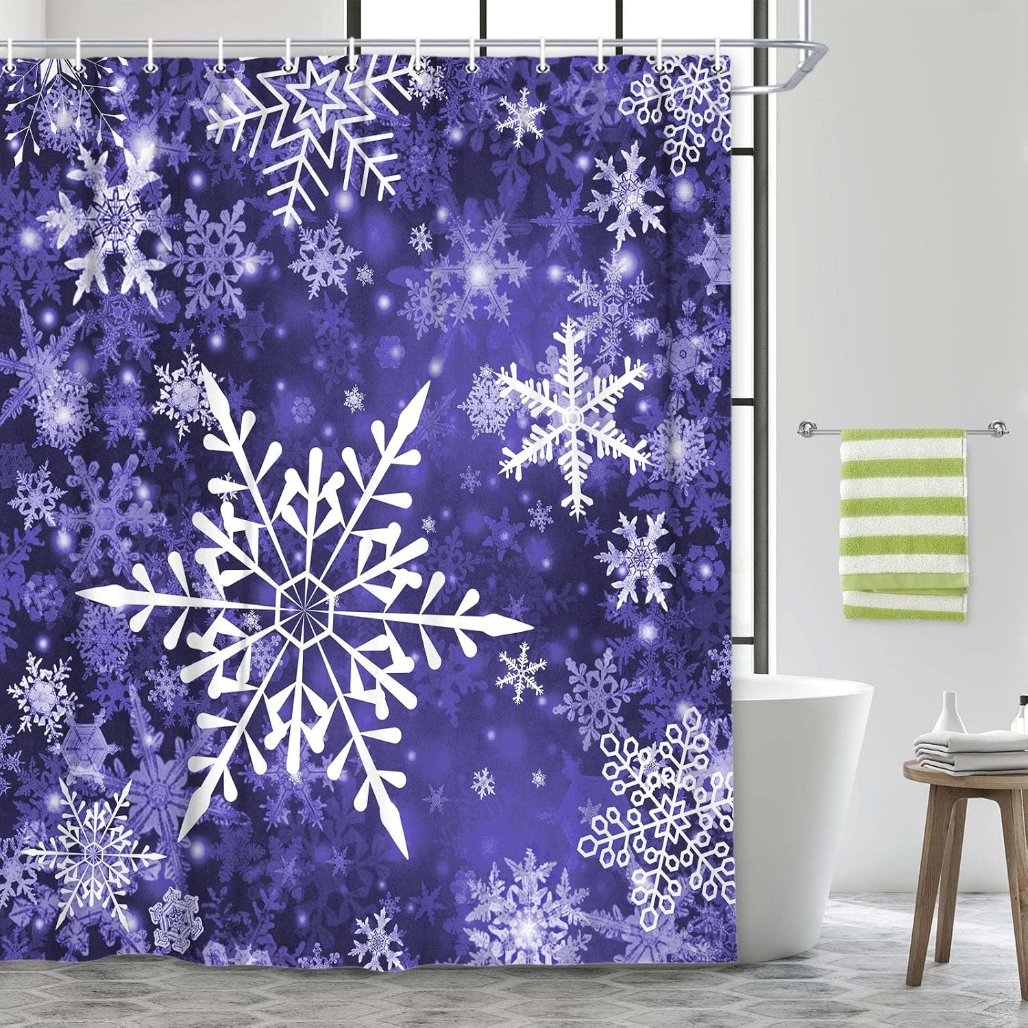 DYNH Christmas Snowflake Shower Curtain Set for Bathroom, Winter Purple Decorative Curtains, 72X75IN