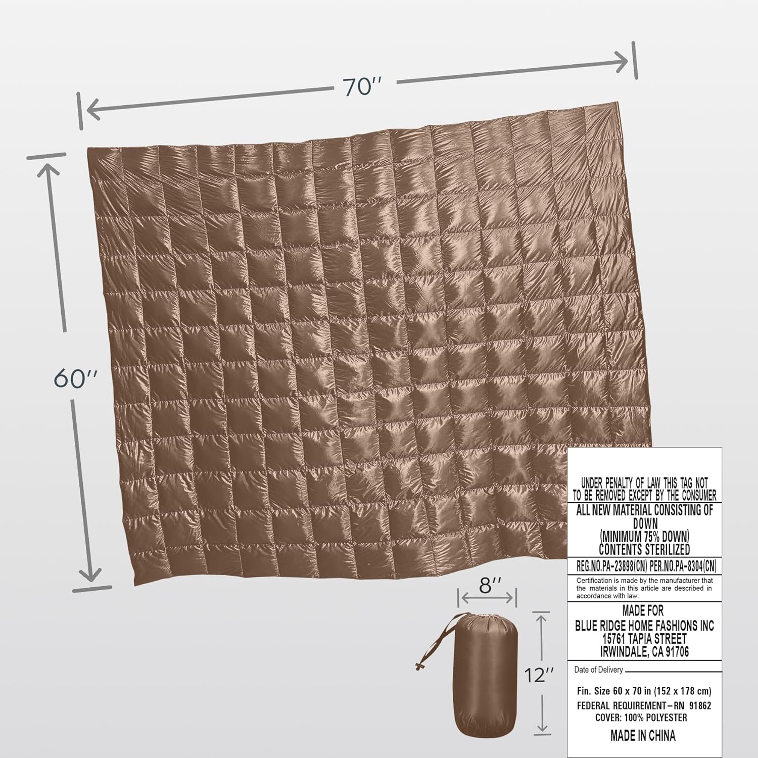 Down Throw Camping Blanket - Packable Lightweight Down Throw Blanket for Outdoor Travel Hiking Picnic RV, Puffy Warm Blanket 60" x 70" with Carry Bag, 650 Fill Power