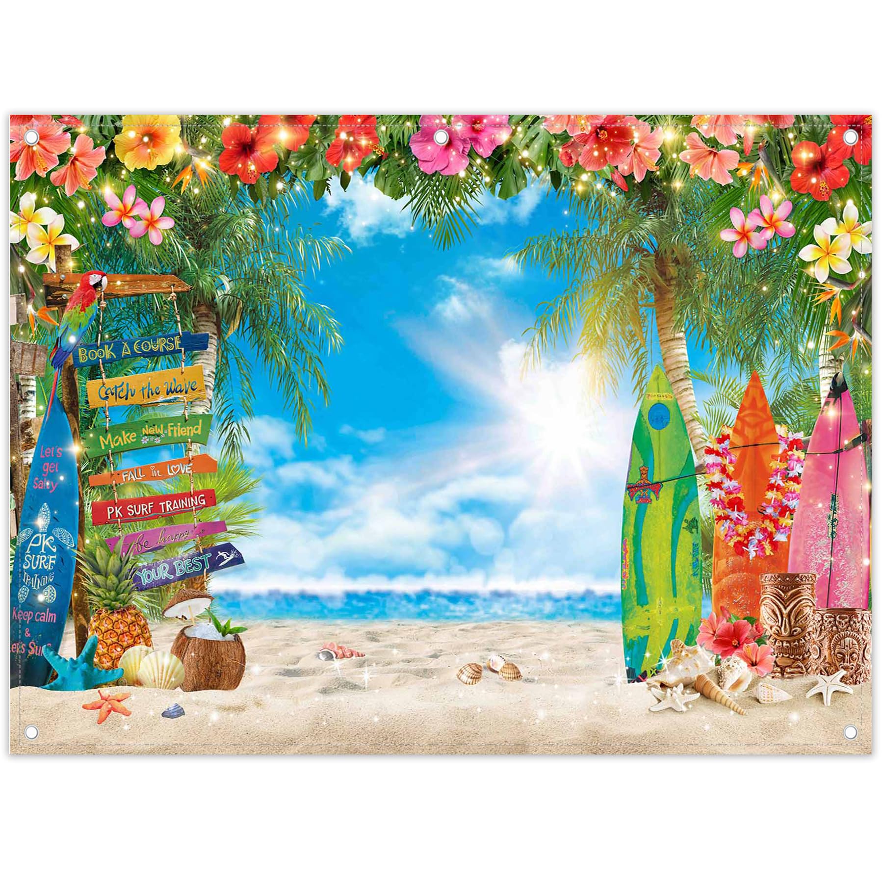 Luminora 2,4 x 1,8 m Été Hawaï Soleil Plage Toile de Fond Fleurs Tropicales Feuilles de Palmier Planche de Surf Fond Aloha Ciel Bleu Mer Décorations de Fête Bannière Photo Booth