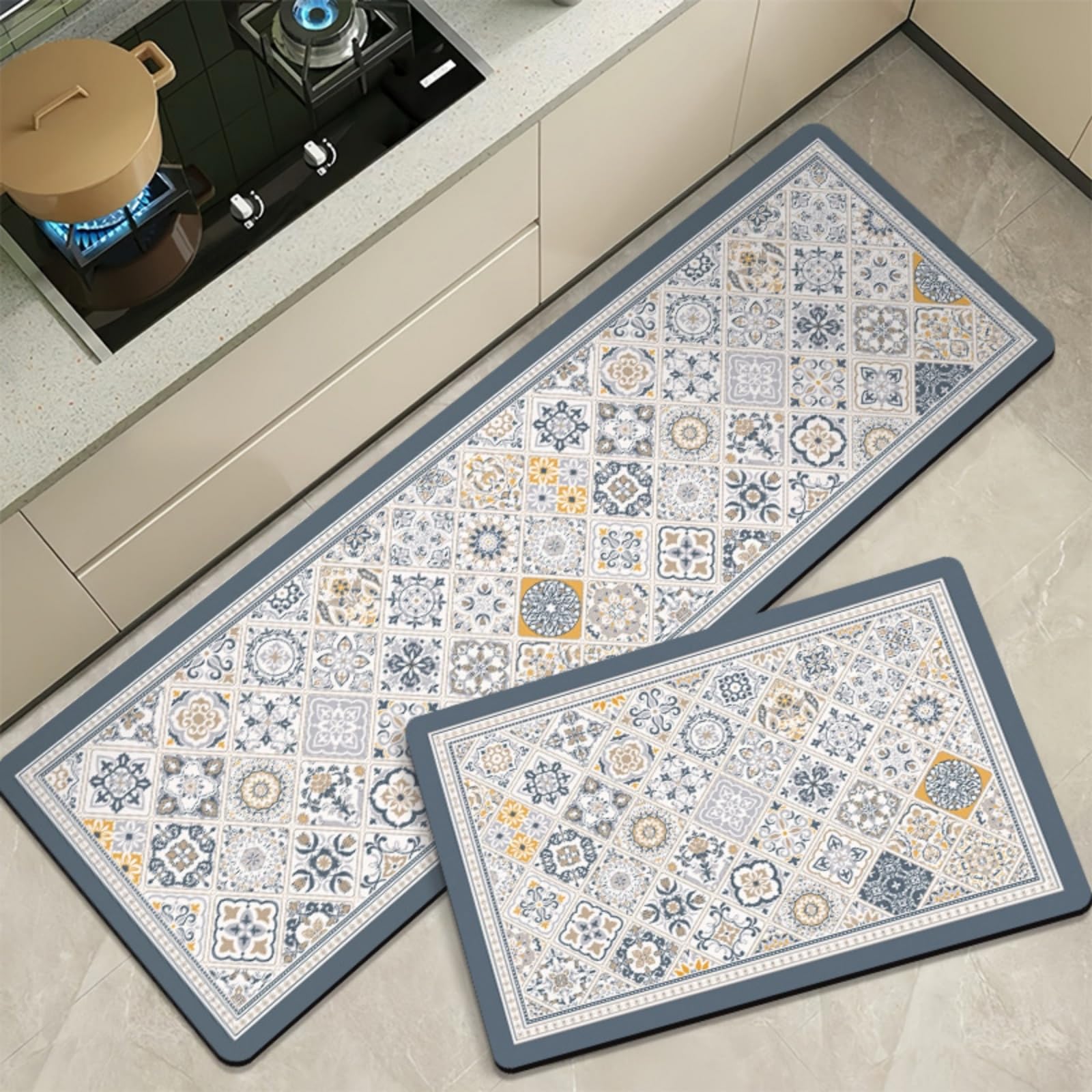 Tappeto Cucina 50X160Cm Giallo Boemo Tappeto Cucina In Vinile Antiscivolo Lavabile,Stuoia Cucine Facile Da Pulire,Tappetino Moderno Multiuso, Adatto Corridoio Soggiorno