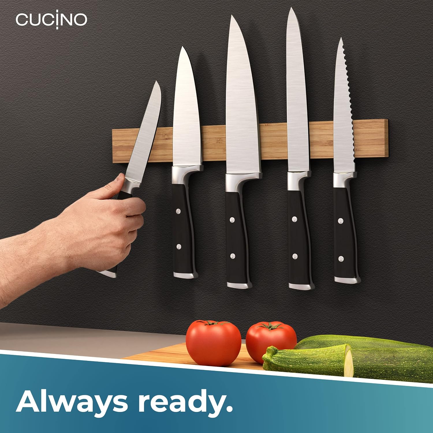 Magnetic Knife Holder for Wall 16" - No Drilling incl. Self Adhesive Tape - Extra strong Magnet - Awarded Strip - Made of Bamboo image 5