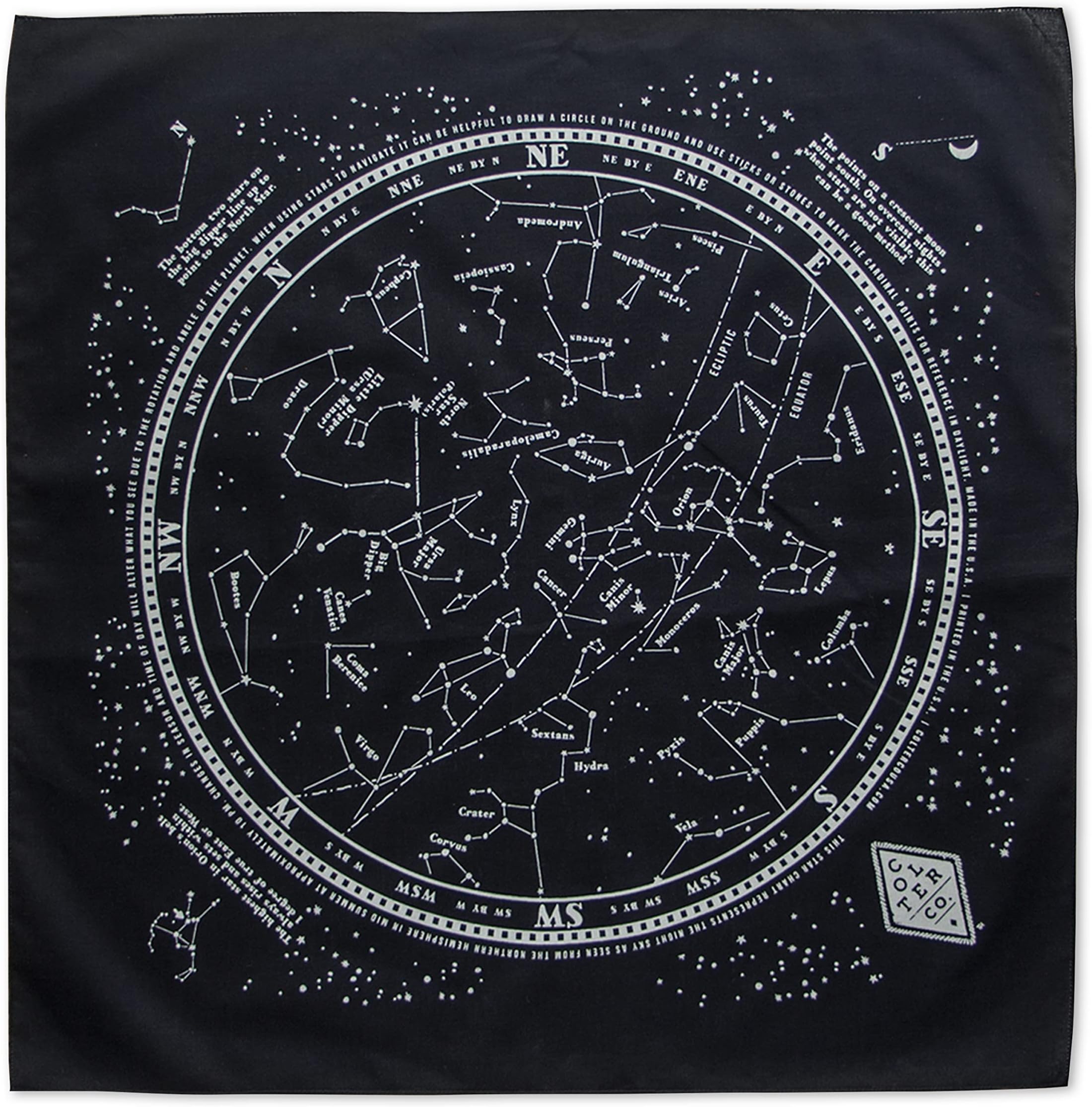 Glow In The Dark Stargazer Bandana - 100% Cotton Black Bandana with Star Chart Design - Made In The USA (22" x 22")