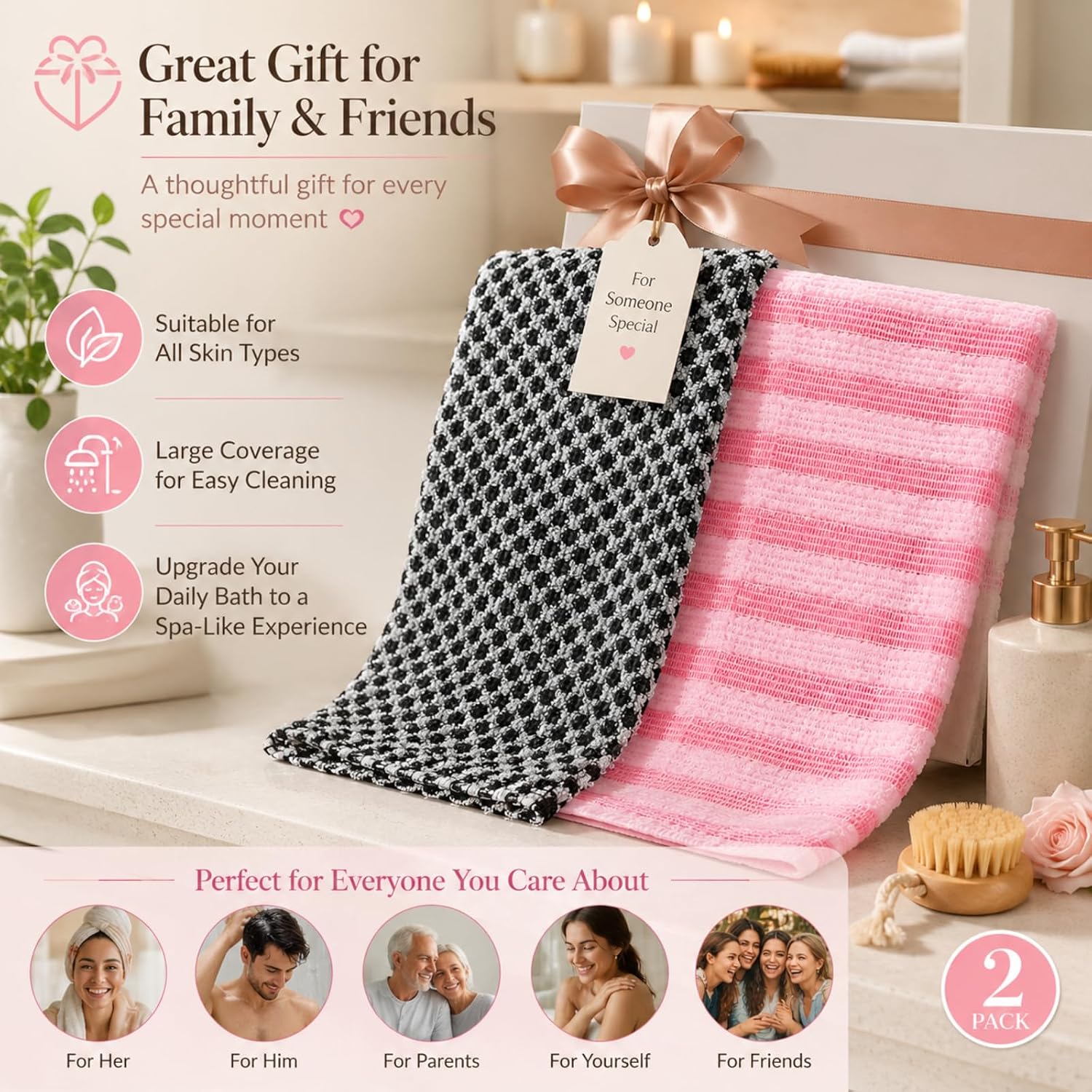 2Pack Exfoliating Shower Towel, Premium Microfiber Scrub Towel, Body Scrubber with 2 Sides for Scrubbing & Washing, Quick-Drying, Durable and Gentle Exfoliating Towels for All Skin Types
