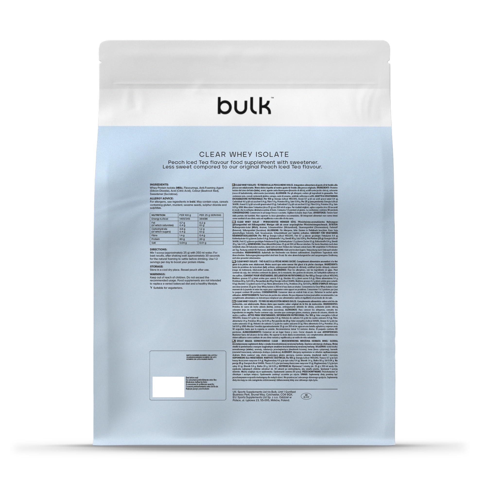 Bulk Clear Whey Isolate Meno Dolce | Tè Freddo alla Pesca | 20g di Proteine per Porzione | Basso Contenuto di Zuccheri | Gusto Fruttato | 86 Calorie | Assorbimento Rapido | Bevanda Proteica | 500g