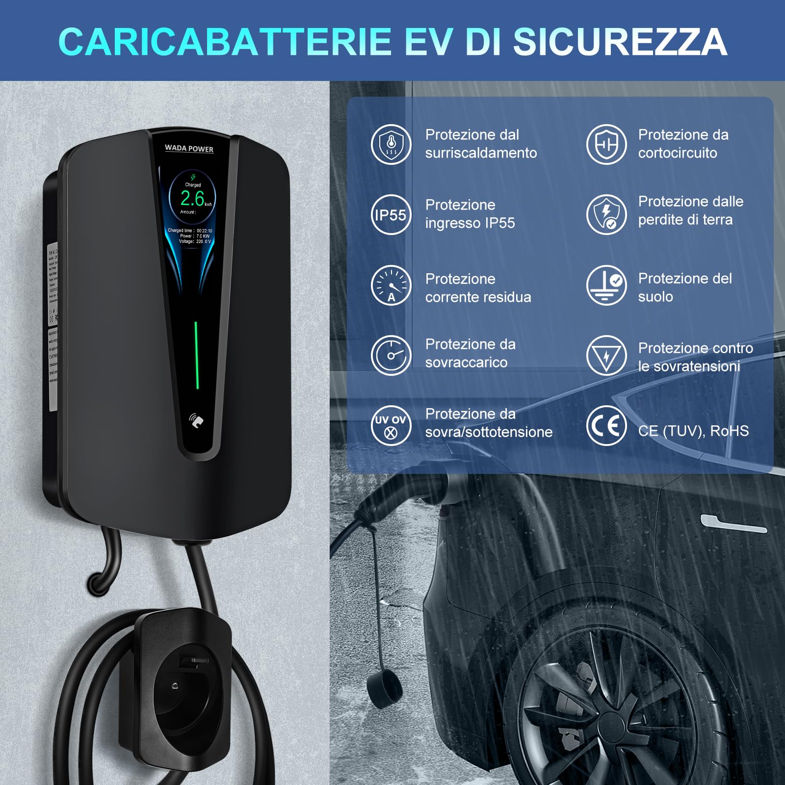 Stazione di Ricarica per Veicoli Elettrici Monofase 7 kW: Caricabatterie EV Tipo 2 per Auto Elettrica Controllo App e Carta RFID, EV Charger con 5 M Cavo, IEC 62196-2