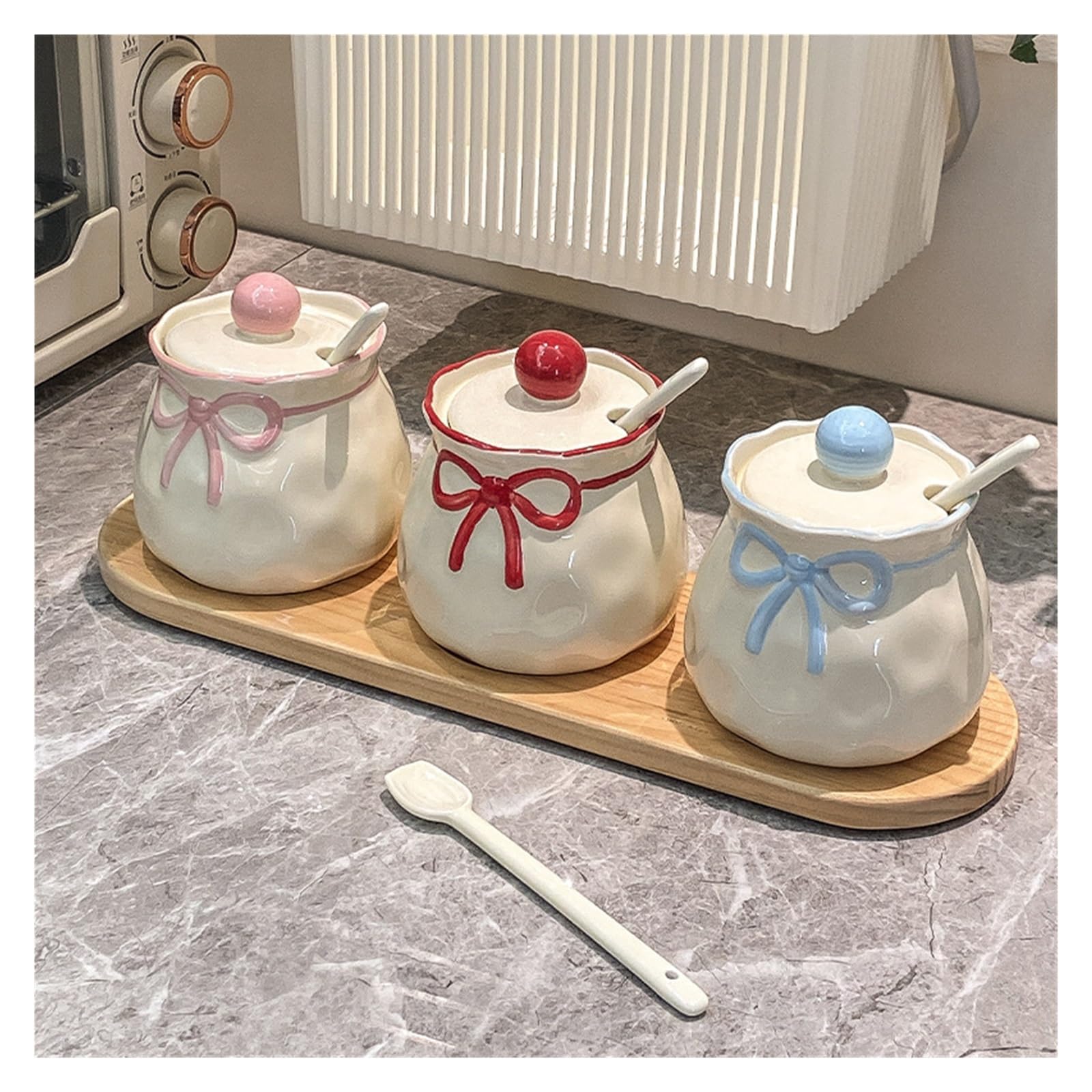 Tarro de ceramica con lazo para sal y especias | Para condimentos solidos, recipiente de cocina, 30*12*15cm, 900g(Pink Blue Red)