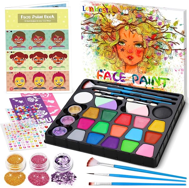 lenbest Face Paints for Children - 17 Color Face Paint Kit for Kids - Palette Washable with Gem Sheet, Glitters, Stencils, Brushes, Sponges - Professional Face Painting Kit for Kids Adults