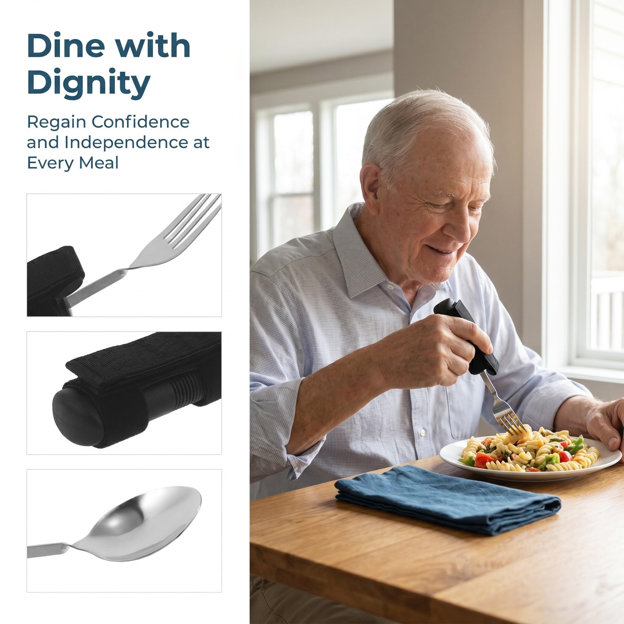Lurrose 2 utensilios adaptados para comer: cuchara y tenedor flexibles y antideslizantes con correa para facilitar la alimentación en el hogar, ideales para personas mayores con discapacidad o
