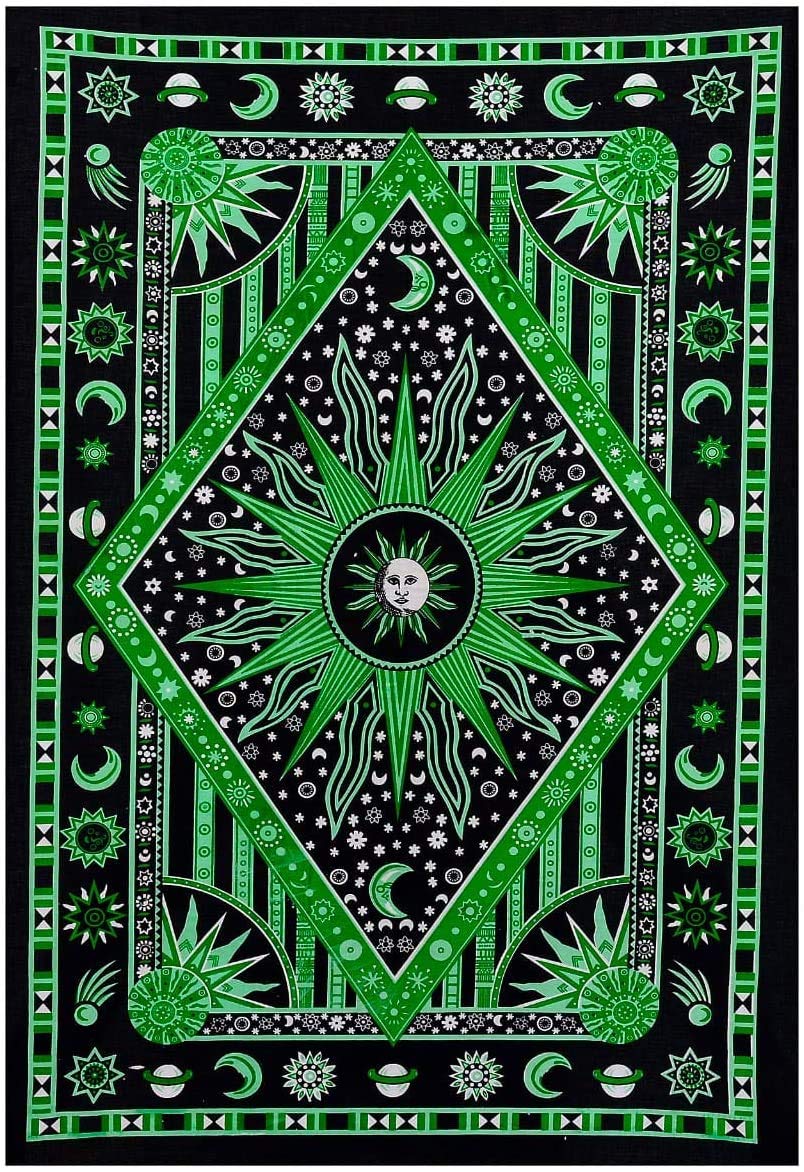 Radhykrishnafashions Psychedelic Celestial Sun Moon Tapestry Planet Bohemian Tapestry Wall Hanging Dorm Decor Boho Tapestry Hippie Hippy Tapestry (Green, 30X40 Inches)