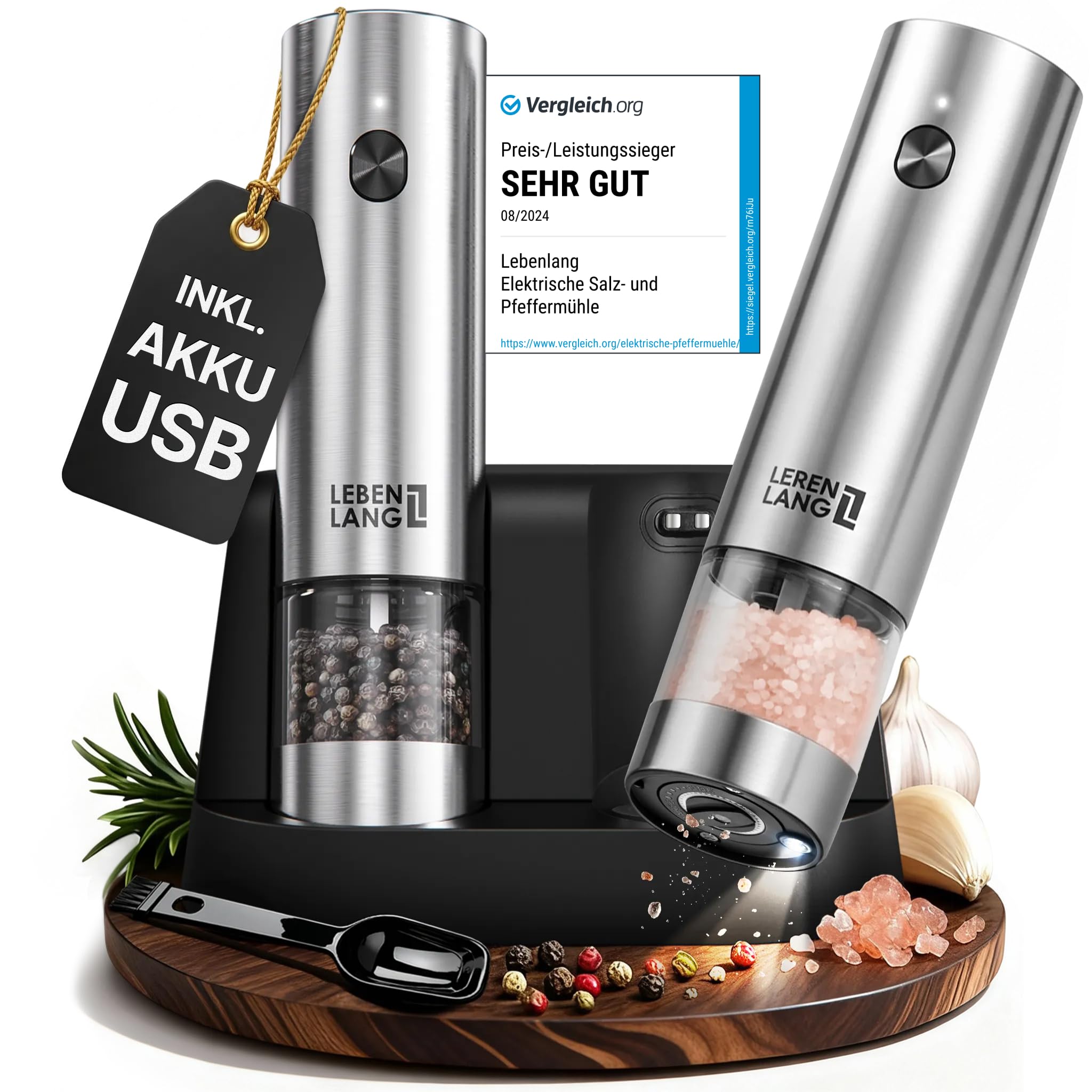 LEBENLANG Salz und Pfeffermühle Elektrisch - Wiederaufladbar & Viel Zubehör I Batterie Set I Pfefferstreuer Pfeffer und Salzmühle für grobes Salt