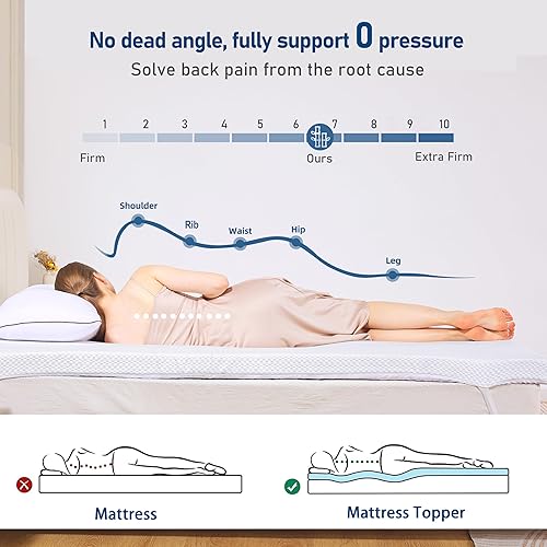 Miniatura 3 de Cubrecolchón de espuma viscoelástica de 3 pulgadas, tamaño Queen, extra firme para aliviar el dolor de espalda, con funda de bambú lavable,