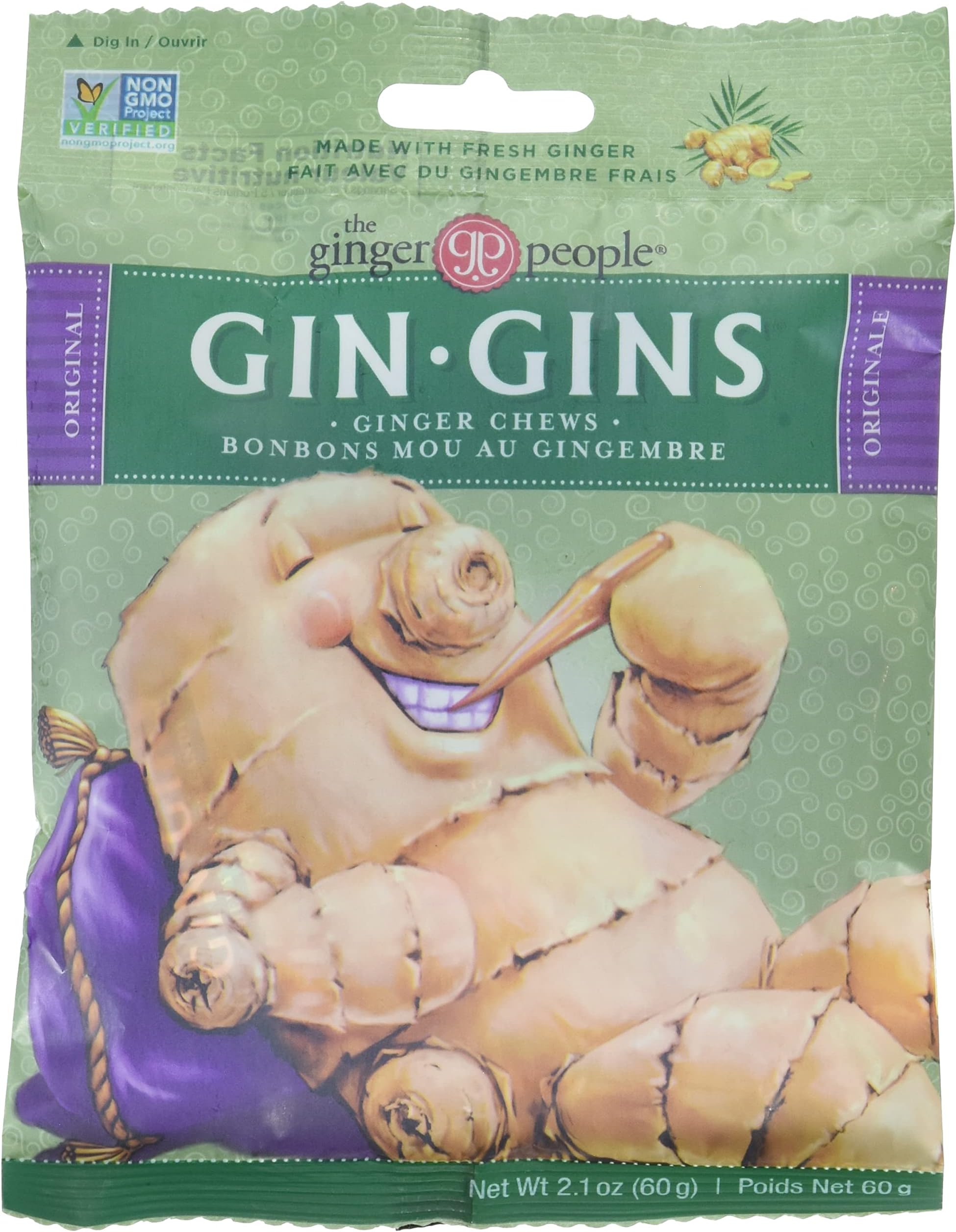 Gin Gins Original Ginger Flavor Chews | Natural Fresh Ginger Candy | Individually Wrapped Healthy Candy | Gluten Free | Vegan | 60 Grams