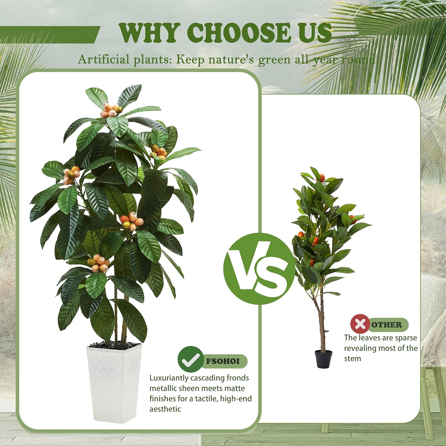 Artificial Loquat Tree, 5FT Japanese Artificial Tree with Fruit, Large Fake Green Tropical Fruit Tree Silk Floor Plants Indoor with White Tall Planter for Outdoor Home Room Office Patio Decor