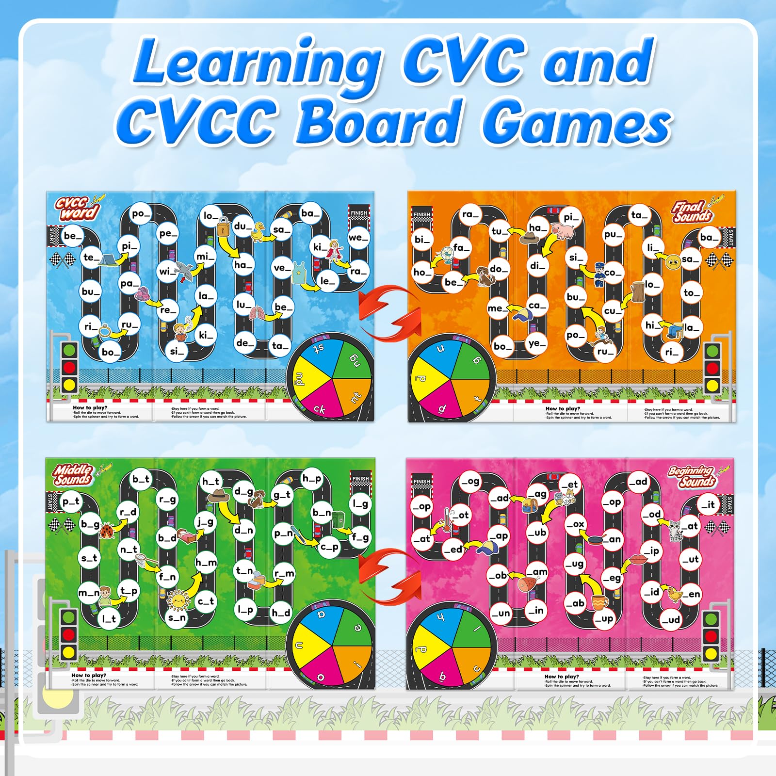Juegos de mesa de fonética para niños, aprendizaje educativo CVC y CVCC juegos de mesa para niños y niñas, juegos de palabras de lectura y ortografía de 4, 5 y 6 años, juegos familiares para 4