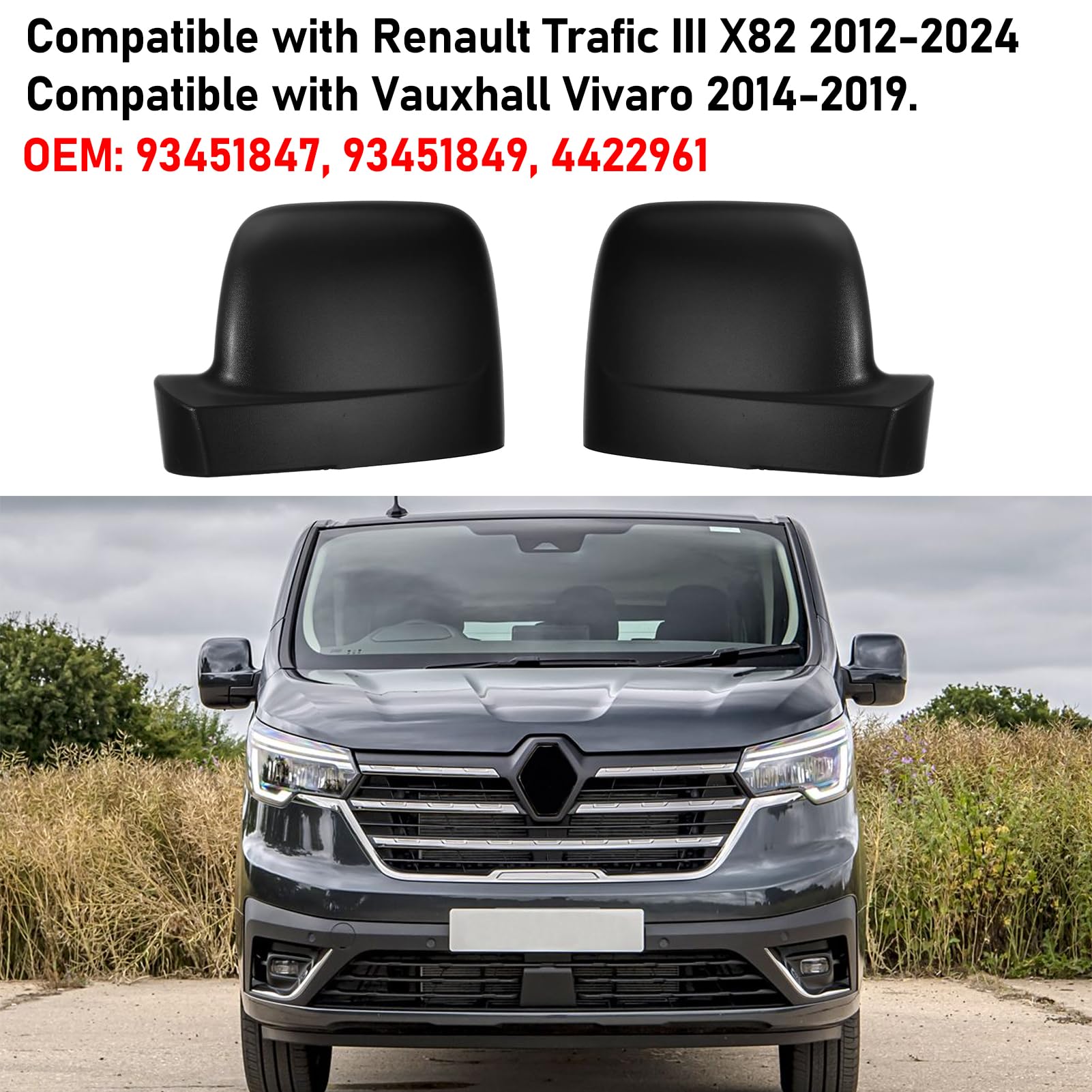 TTCR-II 2 PCS Coque de Rétroviseur Compatibles avec Trafic III X82 Boîtier de Rétroviseur 2014-2024 Première Génération Pour Vauxhall Vivaro 2014-2019 Couverture Miroir（Noir）