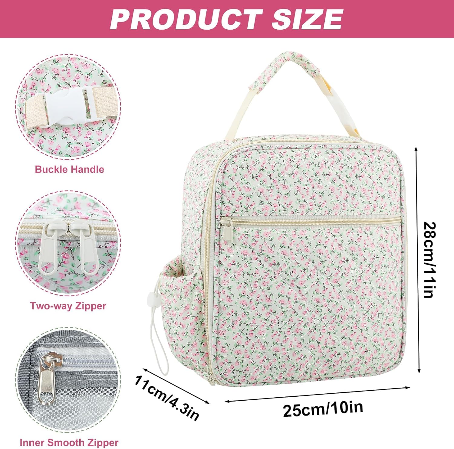 Cotton Quilted Insulated Lunch Box Cute Floral Lunch Tote Bag Reusable Quilted Lunch Box with Large Capacity for Women Men, Work, School, Picnic, Travel (Beige) - Image 2