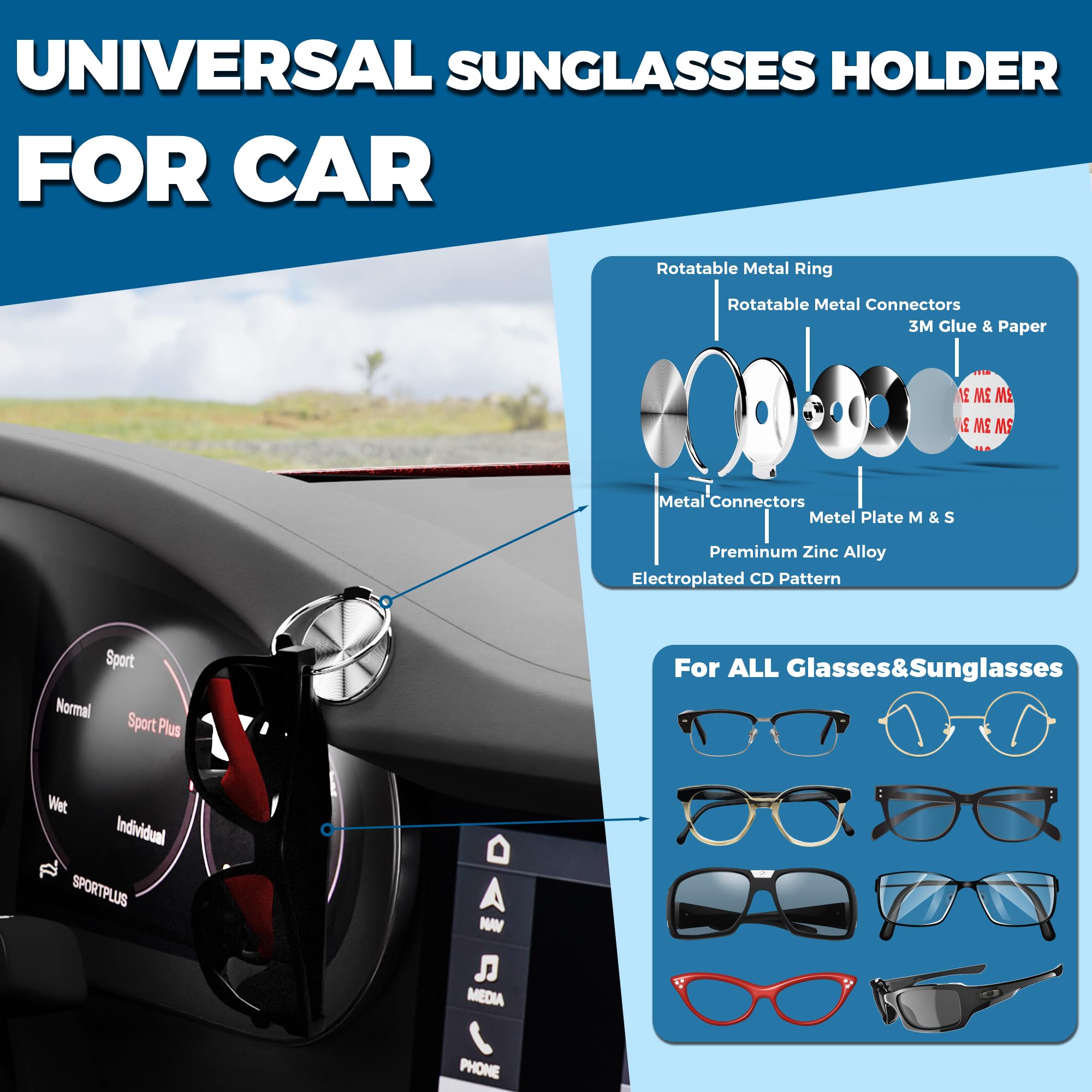 Supporto per occhiali da sole per auto, supporto stabile per occhiali da sole, clip multifunzionale per occhiali da sole, per visiera, comodo per biglietti da sole