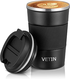 VETIN Kaffeebecher to go Thermo, 380ml Thermobecher Kaffee to go, Coffee Becher mit Auslaufsicherem Deckel (Schwarz)