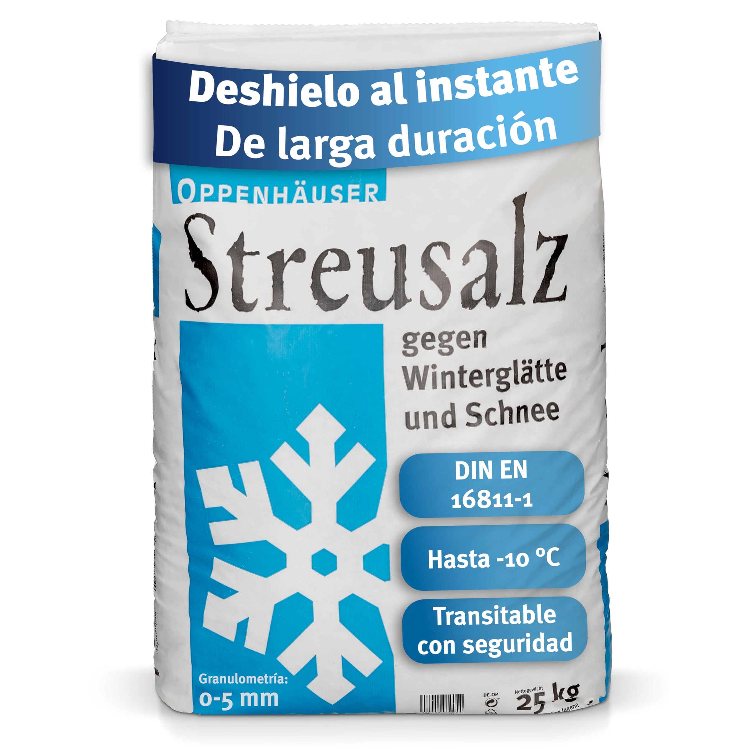 Sal para deshielo 25kg: deshielo inmediato y duradero, DIN EN 16811-1, sal para eliminar el hielo y la nieve, streu invernal para aceras, accesos y aparcamientos, grano M, de alta calidad