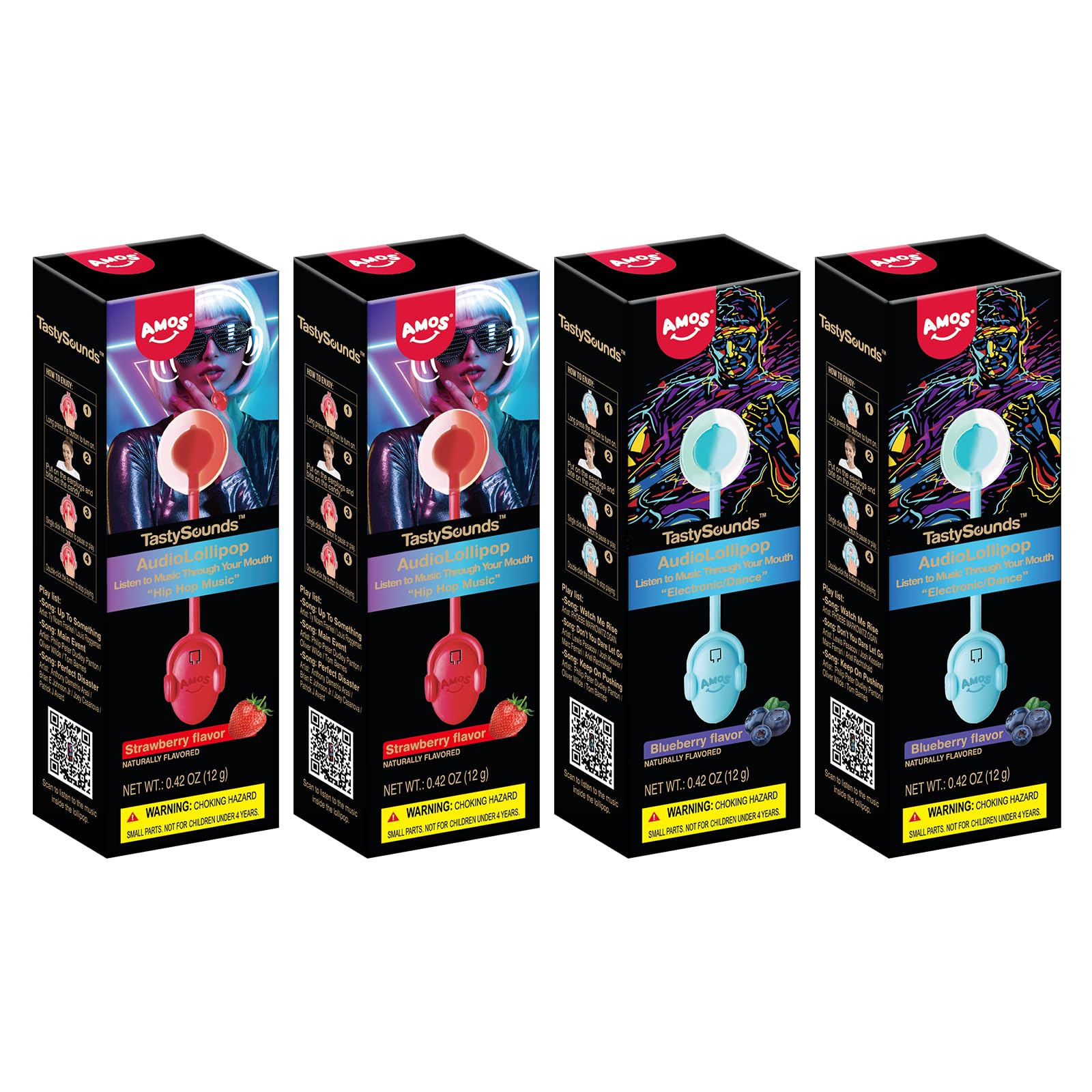 TastySounds Audio Music Lollipop Candy – Singing Music Lollipop Suckers, Sugar-Free, 4-Pack Variety (2x Strawberry, 2x Blueberry), Individually Wrapped