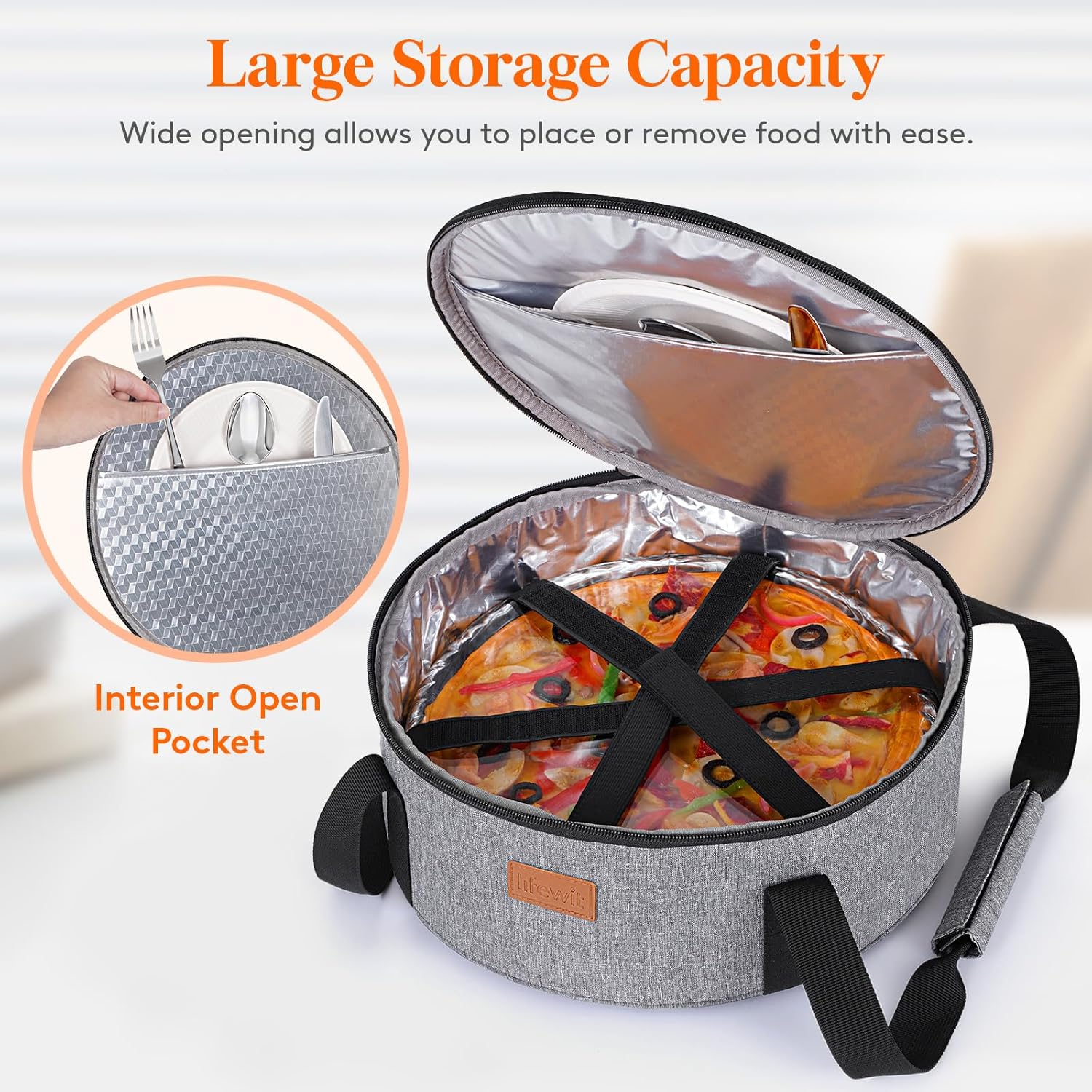 Lifewit Insulated Single Decker Round Casserole Carrier, Portable Pie Carrier Bag for Hot or Cold Food, Fits 12.5" Baking Dish, Thermal Lunch Tote for Potluck Parties, Picnic and Cookouts, Grey - Image 4