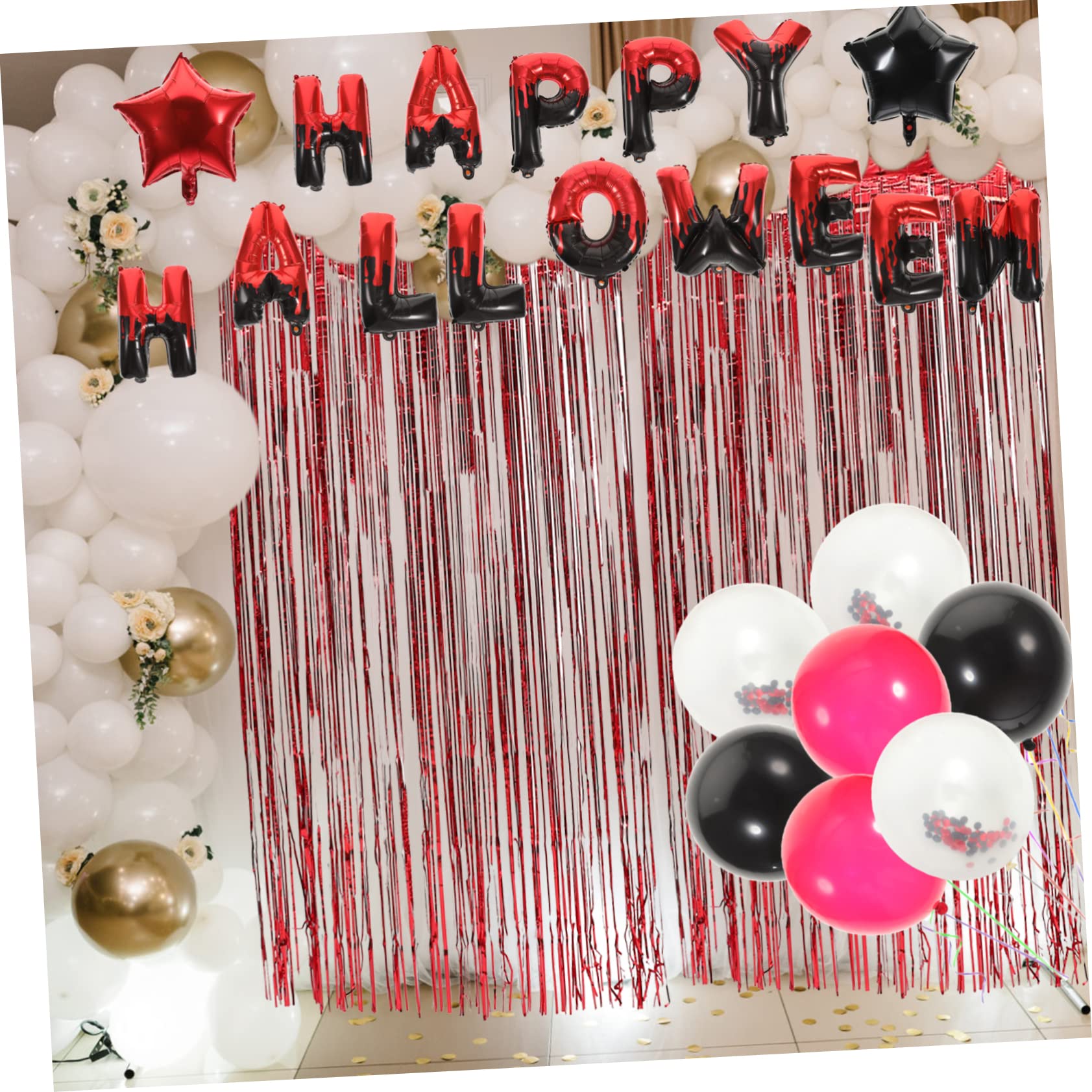 HOMSFOU 5ensembles Décoration De Fête Halloween De Ballons Noirs Et Rouges Avec Rideaux Franges Et Sequins Araignées Pour Créer Une Atmosphère Festive