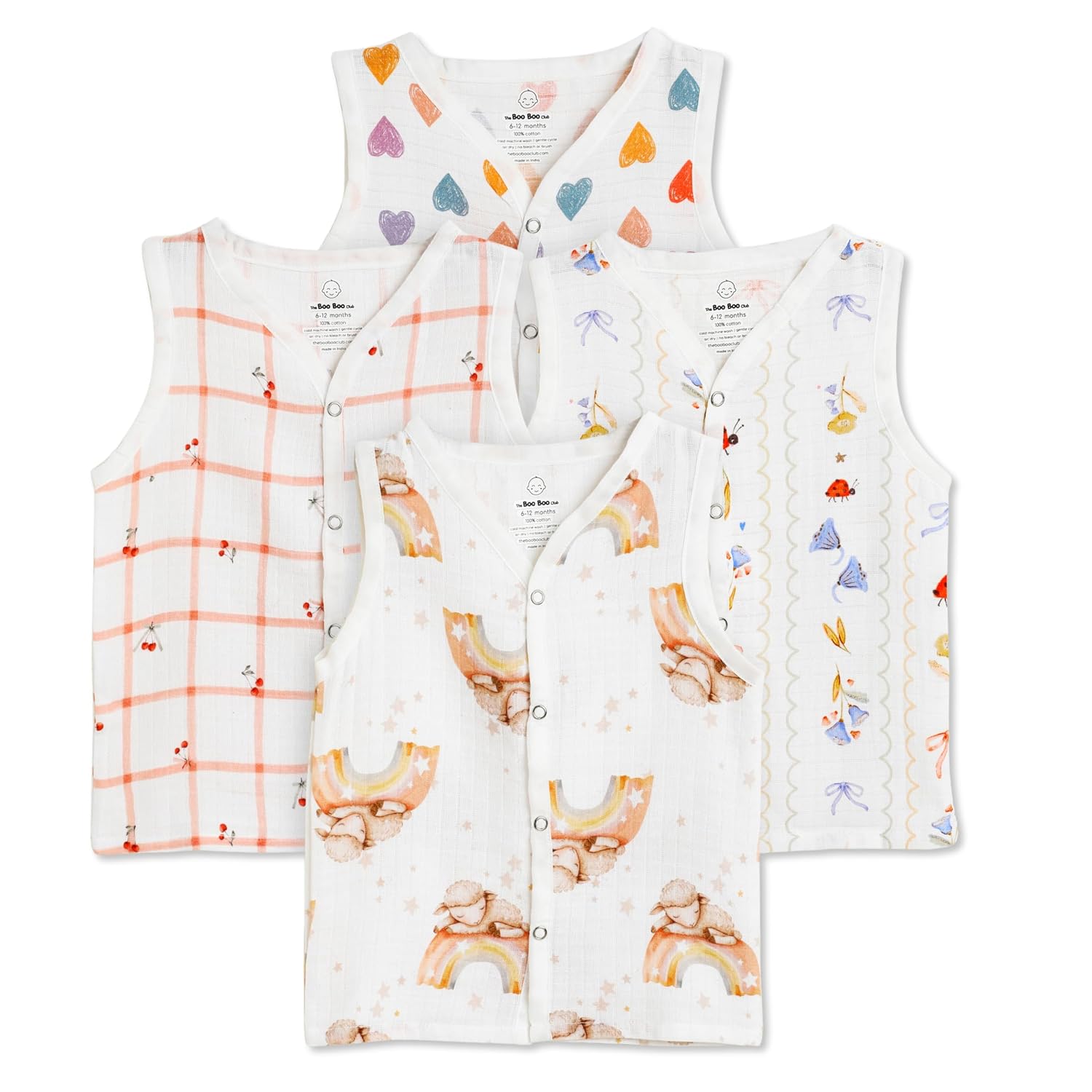 The Boo Boo Club Organic Cotton Baby Jhabla | Pack of 4 Newborn Sleeveless Jabla | Newborn Infant Summer Wear | Soft & Bre...