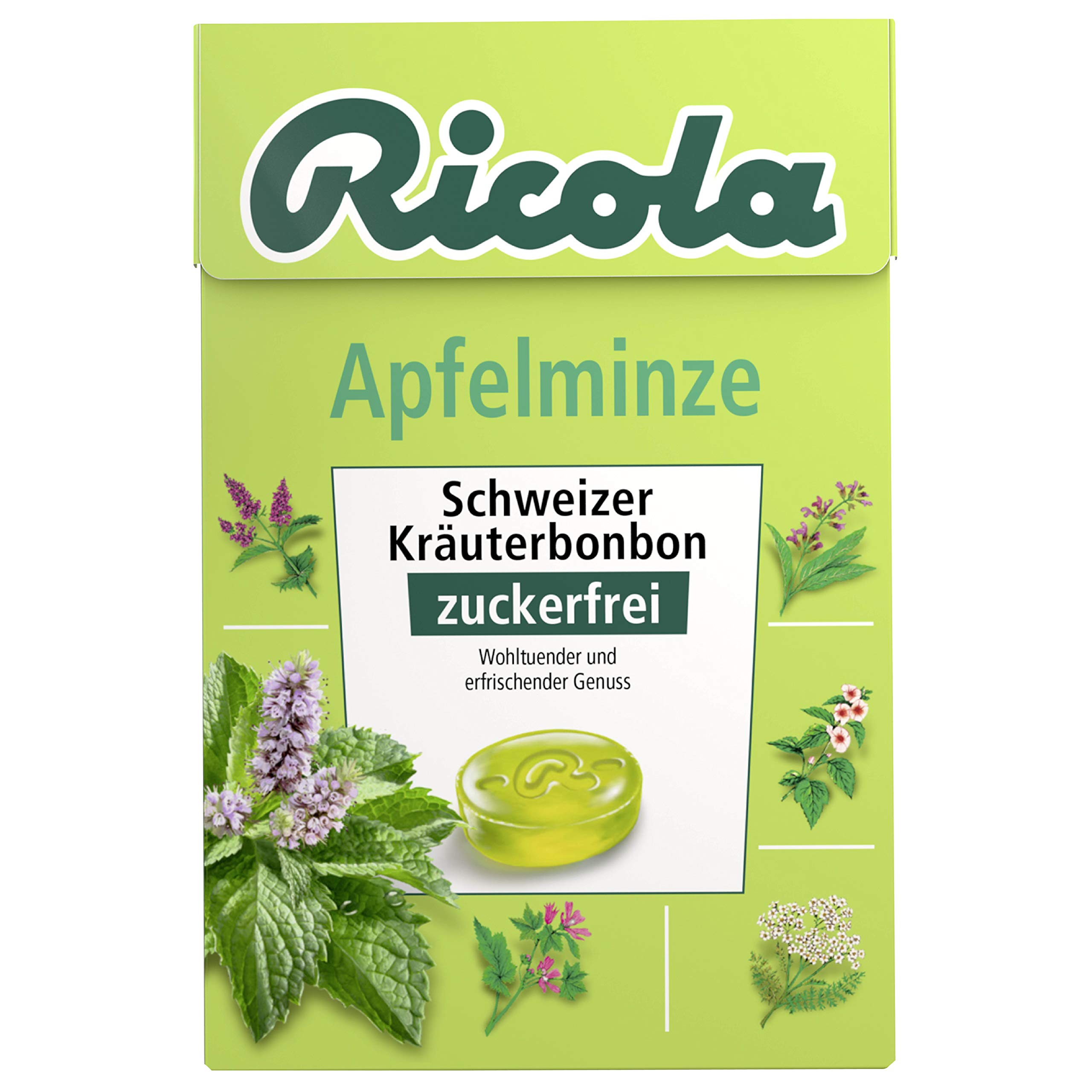 Ricola Apfelminze, Schweizer Kräuterbonbon, 10 x 50g Böxli, ohne Zucker, Wohltuend und erfrischender Genuss & Kräuter Original, Schweizer Kräuterbonbon, 10 x 50g Böxli