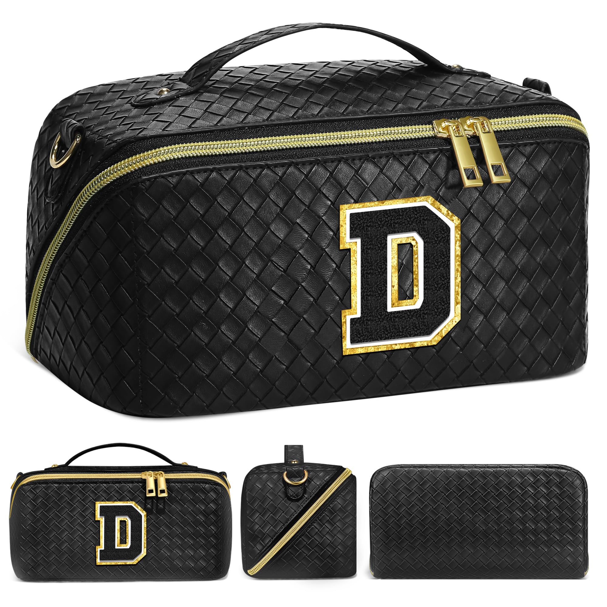 YOOLIFE Cosmetic Bag Personalized Gifts - Initial Makeup Bag Travel Leather Makeup Bag Large Capacity Travel Makeup Case Organizer Makeup Bags Cute Makeup Bag Travel Must Haves Gifts for Women Black D
