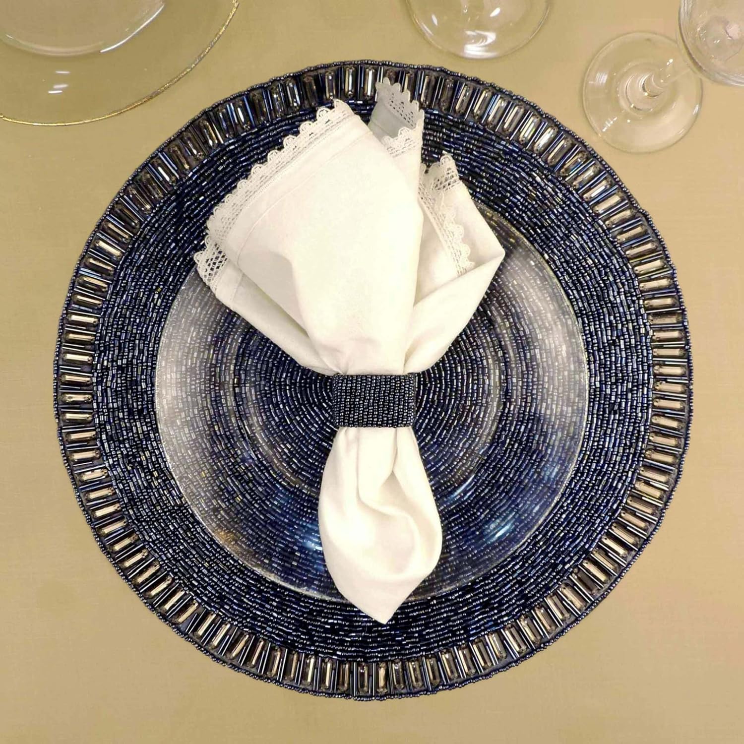 Handmade Beaded Placemat, Round Embroidered Glam Crystal Tablemat in Luster Blue, Luxe Tabletop, Family | Wedding | Thanksgiving Dining Table Décor, Set of 2-14 in