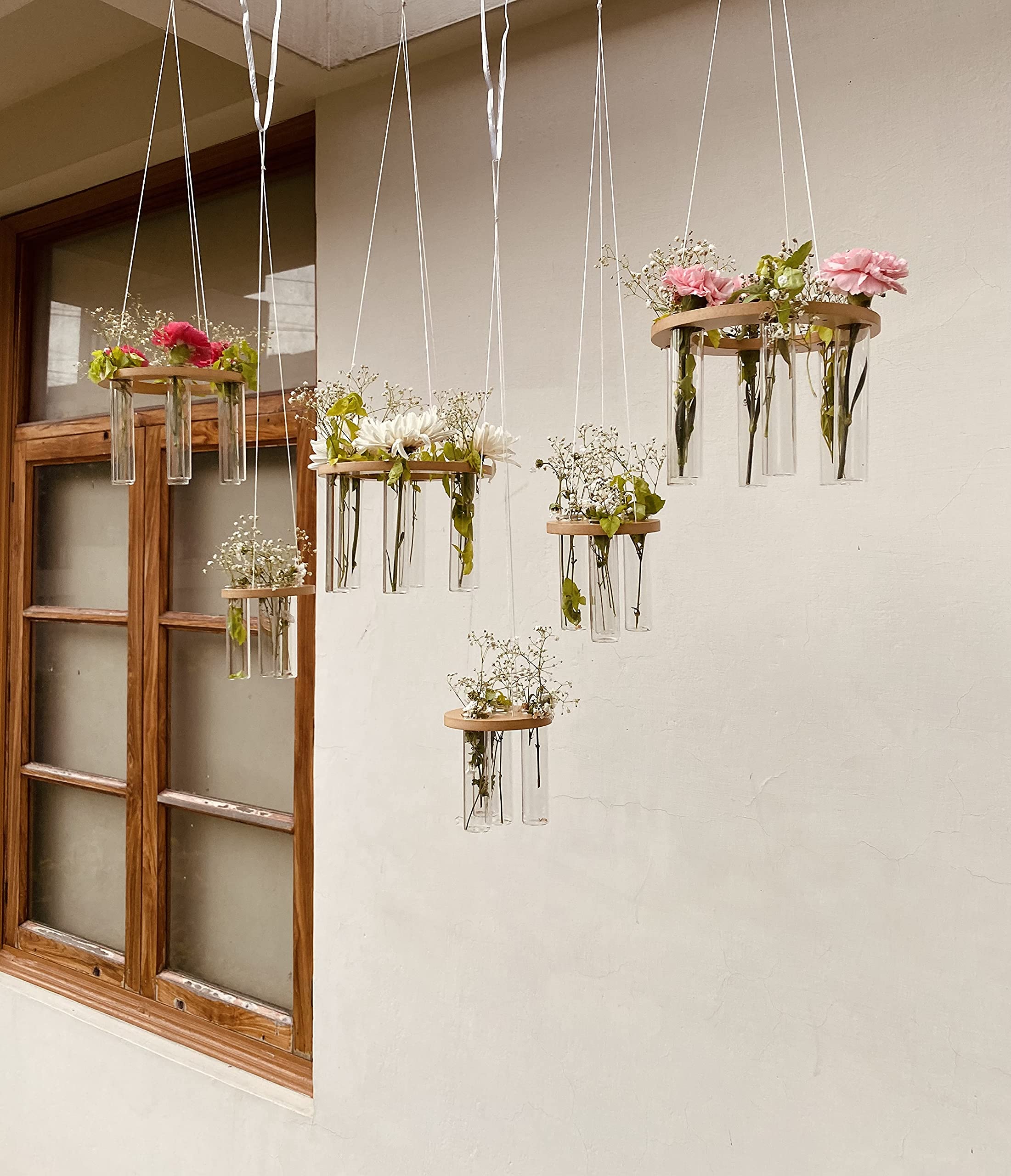 LABZIO Hanging Round Wooden & Glass Flower Vase (X-Small) – Unique Diwali Wall Decor for Home, Festive Floral Display, Pooja Room Accent, Balcony & Living Room Decoration Piece 4