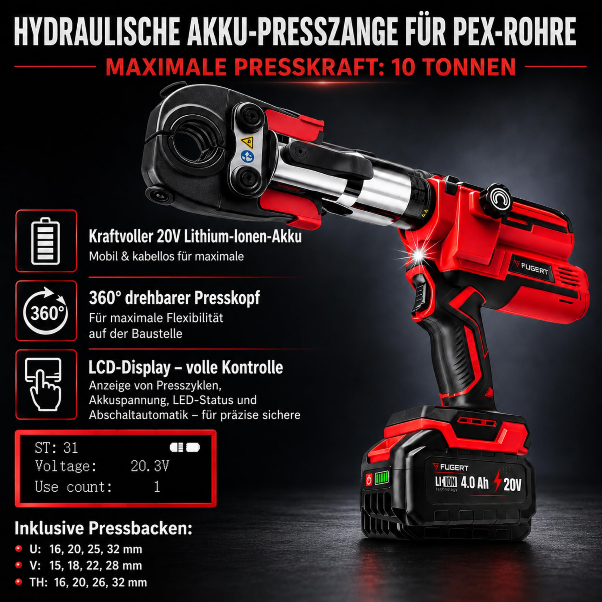 Rohrpresse Akku 10T Akku Presszangen Set 2x 4.0Ah 20V Hydraulische Presszange mit TH U V Pressbacken 360° Drehkopf LCD LED Komplettset für Sanitär, Heizung & Montage