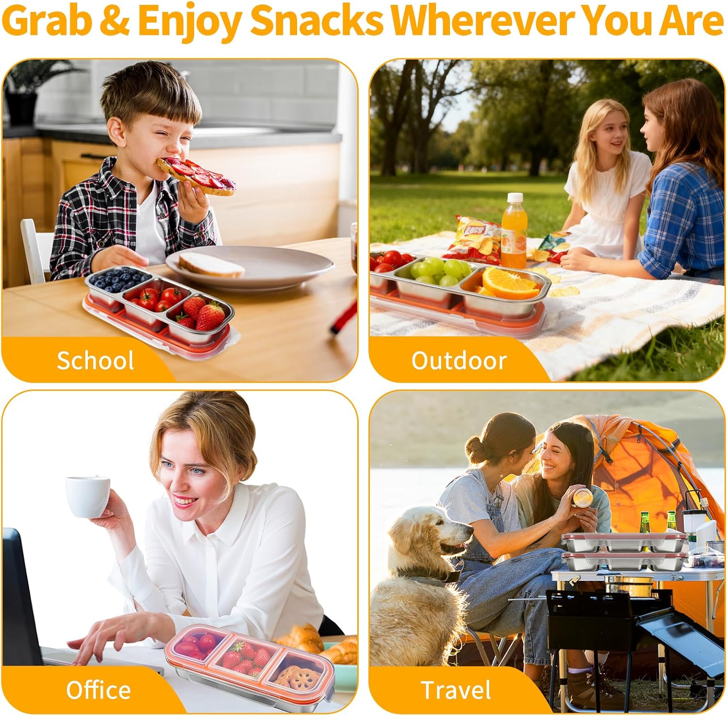 3 Pack 304 Stainless Steel Snack Containers, Reusable Leek Proof Metal Lunch Box with 3 Compartment, Food Storage Containers for Home, Work, Travel