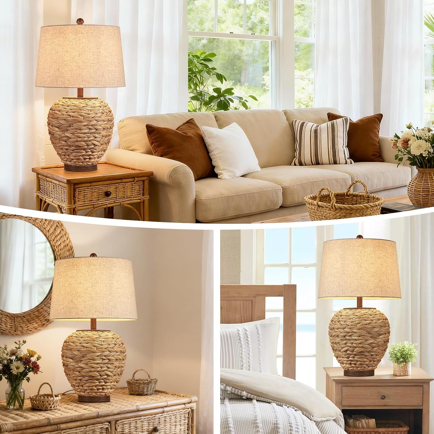 26" Natural Rattan Table Lamp, Farmhouse Rustic Seagrass Woven Bedside Lamp with Linen Shade, Coastal Boho Decor for Living Room, Bedroom, End Table,1 Pack