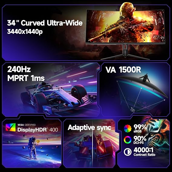 KOORUI 34 inch Ultrawide Curved Gaming Monitor，240hz，WQHD(3440x1440)，HDR400，Contrast 4000:1，1ms，1500R，Adaptive Sync，PIP/PBP，VESA，DP/HDMI G3441XC