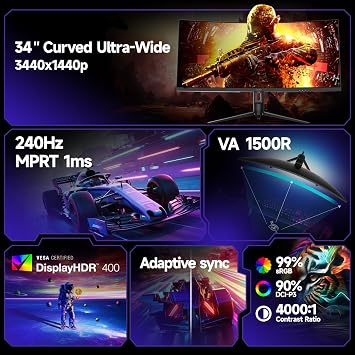 KOORUI 34 inch Ultrawide Curved Gaming Monitor,240hz,WQHD(3440x1440),HDR400,Contrast 4000:1,1ms,1500R,Adaptive Sync,PIP/PBP,VESA,DP/HDMI G3441XC