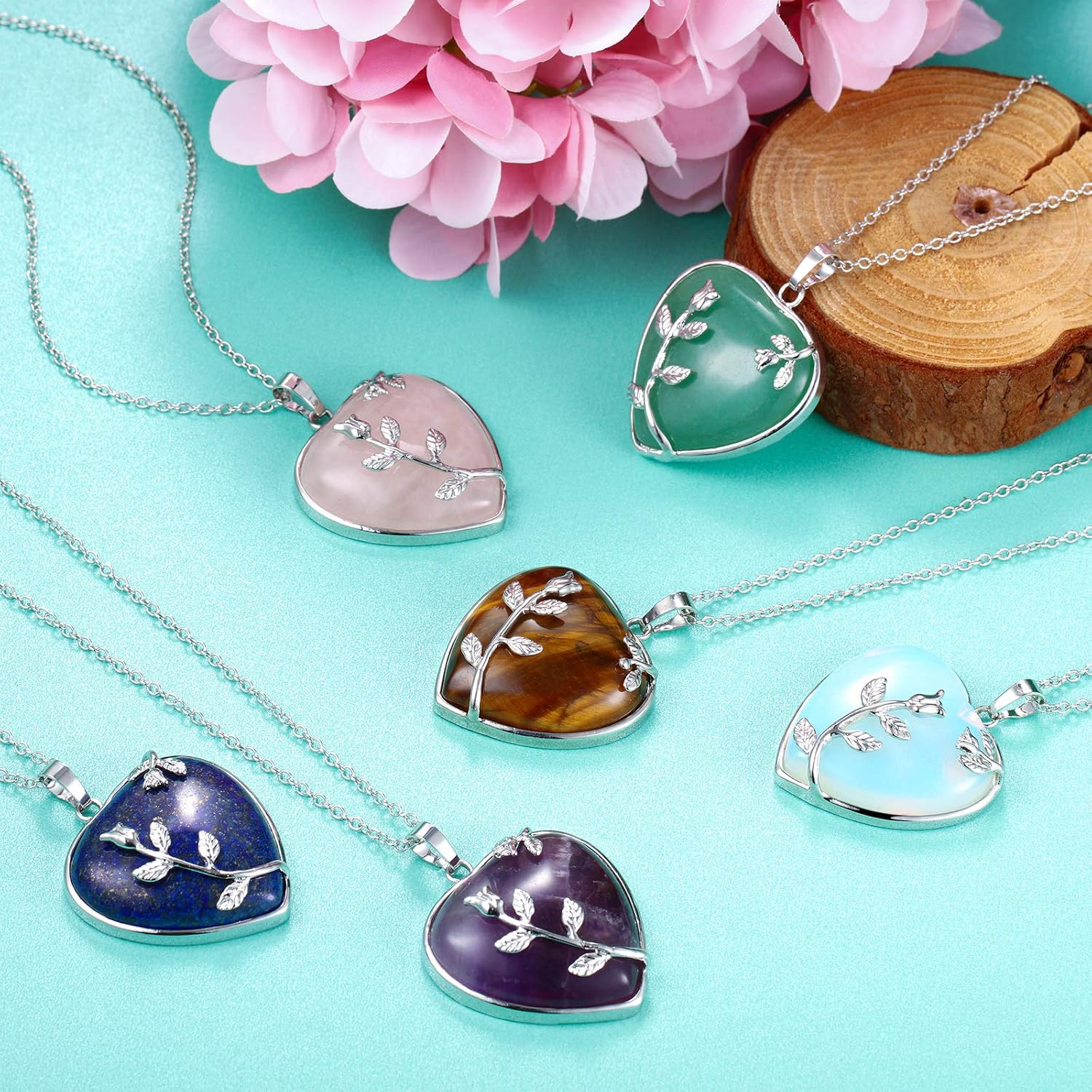 Hicarer 6 Pcs Heart Healing Crystal Necklaces for Women Silver Flower Quartz Gemstone Pendant Necklace Valentines Wife Gifts - Image 4