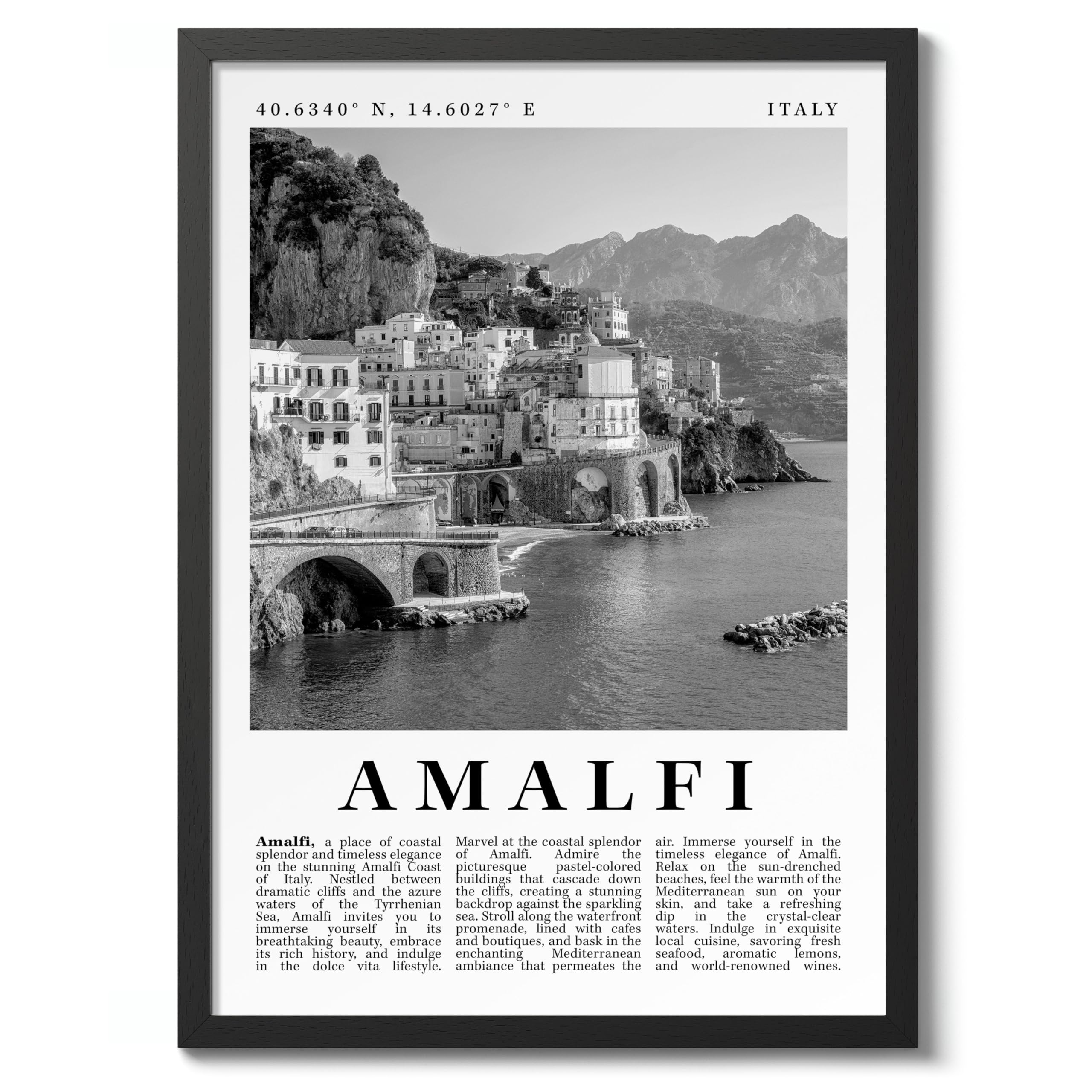 Amalfi - Italy Travel Poster, Black & White Print, City Landmark. Modern Home Wall Decor For Living Room Bedroom, Archival Matte, A5 (Black Frame) - 21x14.8cm