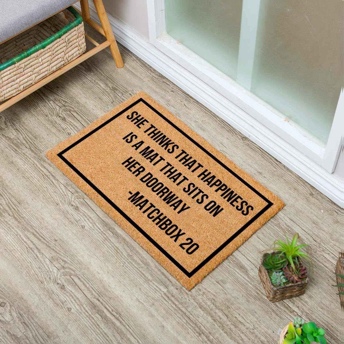 Funny Coir Doormat She Thinks Happiness is a Mat Heavy-Duty Non-Slip Outdoor Welcome Mat Medium(30x17.7)
