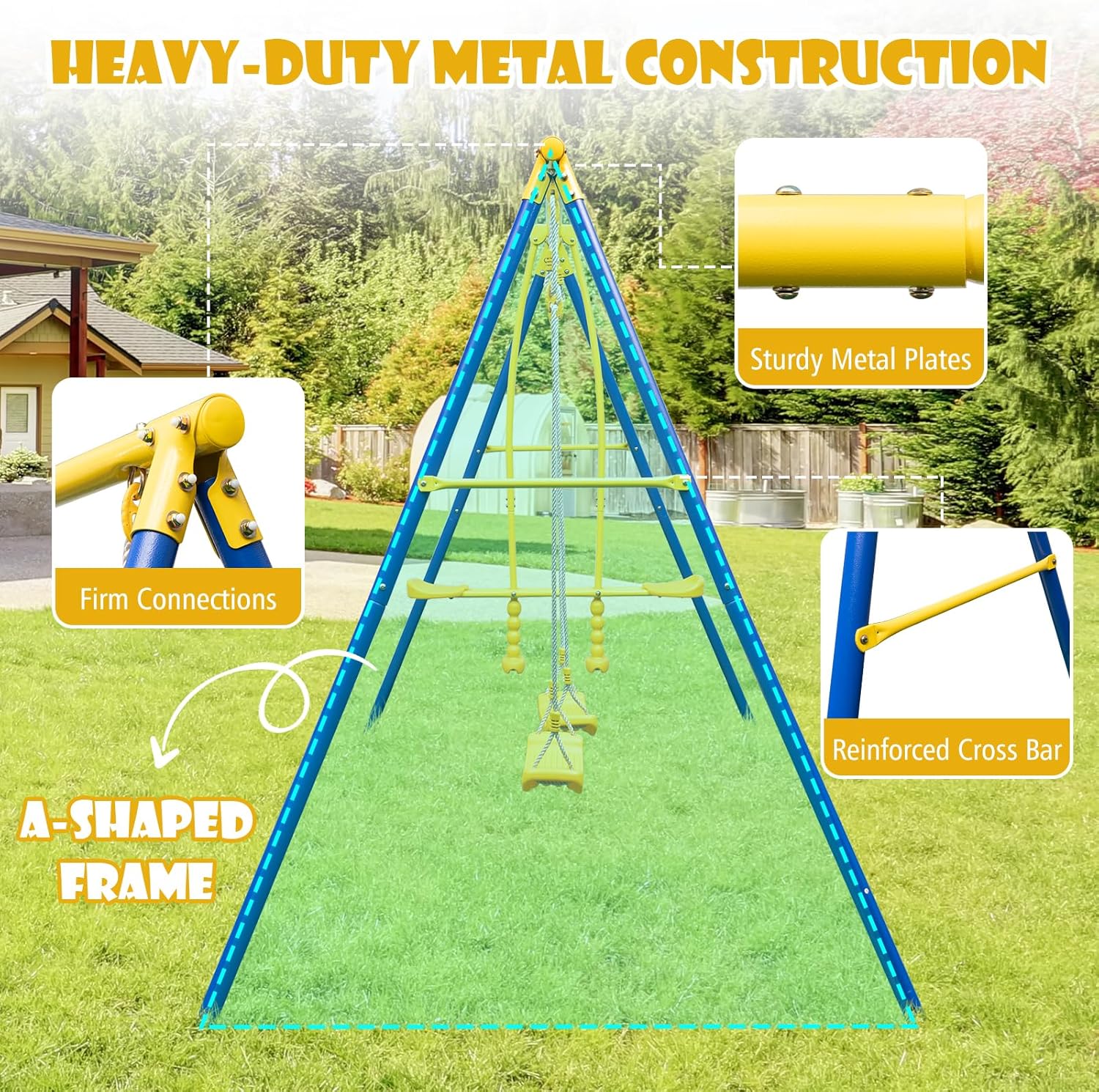 HONEY JOY Swing Sets for Backyard, Heavy Duty Metal A-Frame Swing Stand w/ 2 Belt Swings & Glider, Ground Stakes, Playground Swingset Outdoor for Kids, Swing Set for Toddlers 3-12