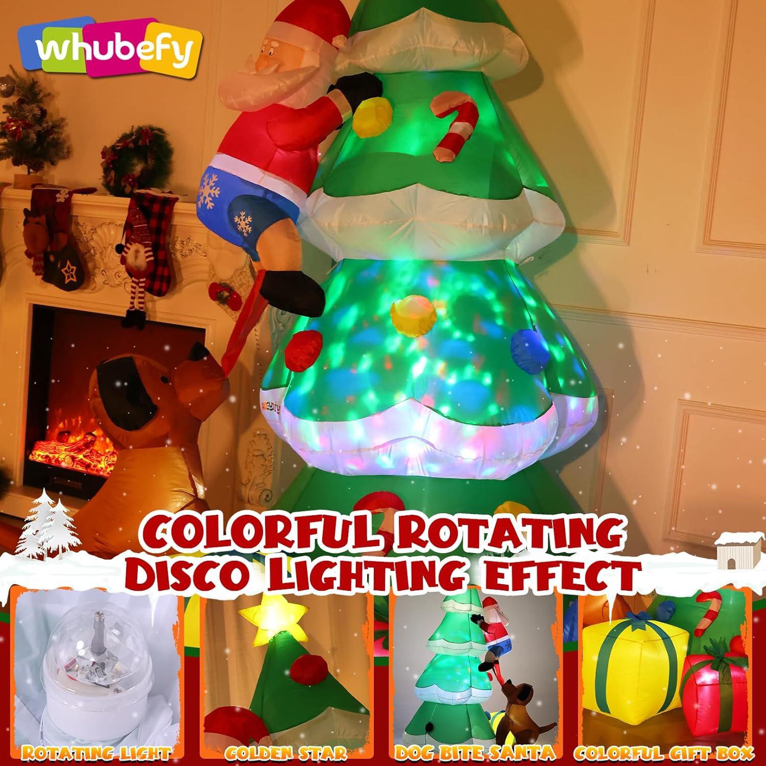 Christmas Tree Inflatables Outdoor Decoration with Dynamic Color-Changing Dazzling Party Light, 7.6 FT Blow Up Dog Bite Santa Claus with 3 Gift Boxes for Xmas Indoor Yard Garden Lawn New Year Decor