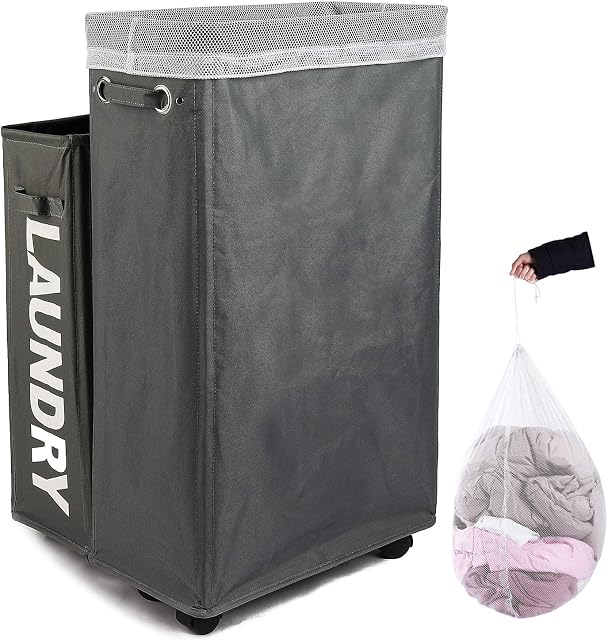 Amazon Brand  Eono Laundry Basket, 70CM Large Laundry Basket Tall and Slim, Laundry Basket with Lid Mesh, Easy Transport Laundry Basket on Wheels Flexible Working, Collapsible Laundry Basket (Grey)