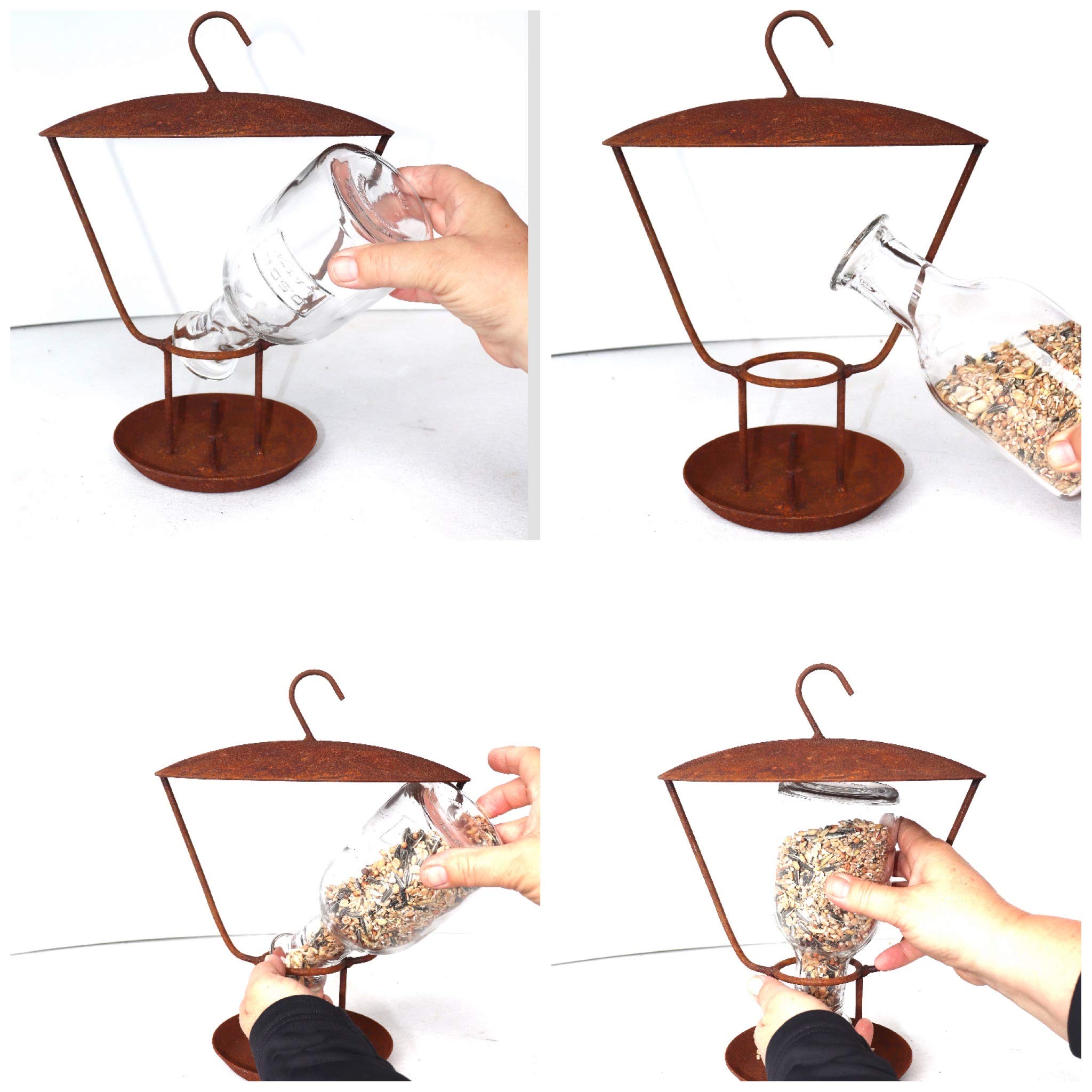 terracotta24 3X Vogelfutterstation mit Glasflasche aus Metall in Naturrost Rost, zum Stellen oder Hängen, Futterspender, Futterstation für Wildvögel (3 Stück)