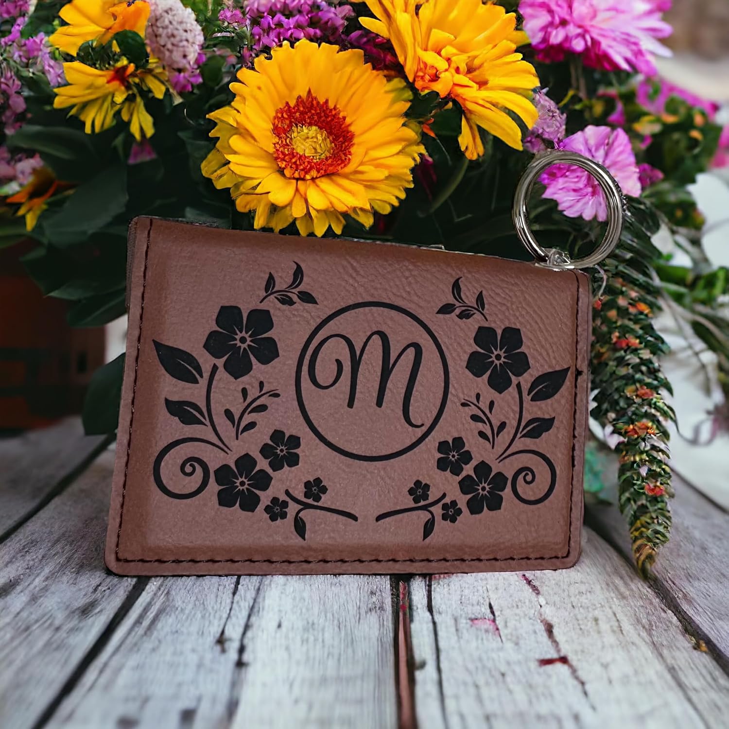 Monogram Keychain Wallet (Choice of Color) Personalized ID Card Holder Custom Engraved Vegan Leather