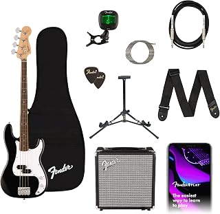 Squier Debut Precision Bass Guitar Pack for Beginners - Black, Rumble 15 Amp, Gig Bag, Fender Play Lessons, 2-Year Warranty