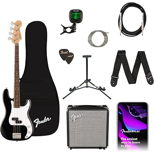 Fender Squier Debut Series Precision Bass Guitar Pack, Beginner Guitar Pack, 2-Year Warranty, Includes Rumble 15 Amplifier, Padded Gig Bag, Instrument Cable, and More, Black with Satin Urethane Finish