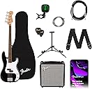 Fender Squier Debut Series Precision Bass Guitar Pack, Beginner Guitar Pack, 2-Year Warranty, Includes Rumble 15 Amplifier, Padded Gig Bag, Instrument Cable, and More, Black with Satin Urethane Finish