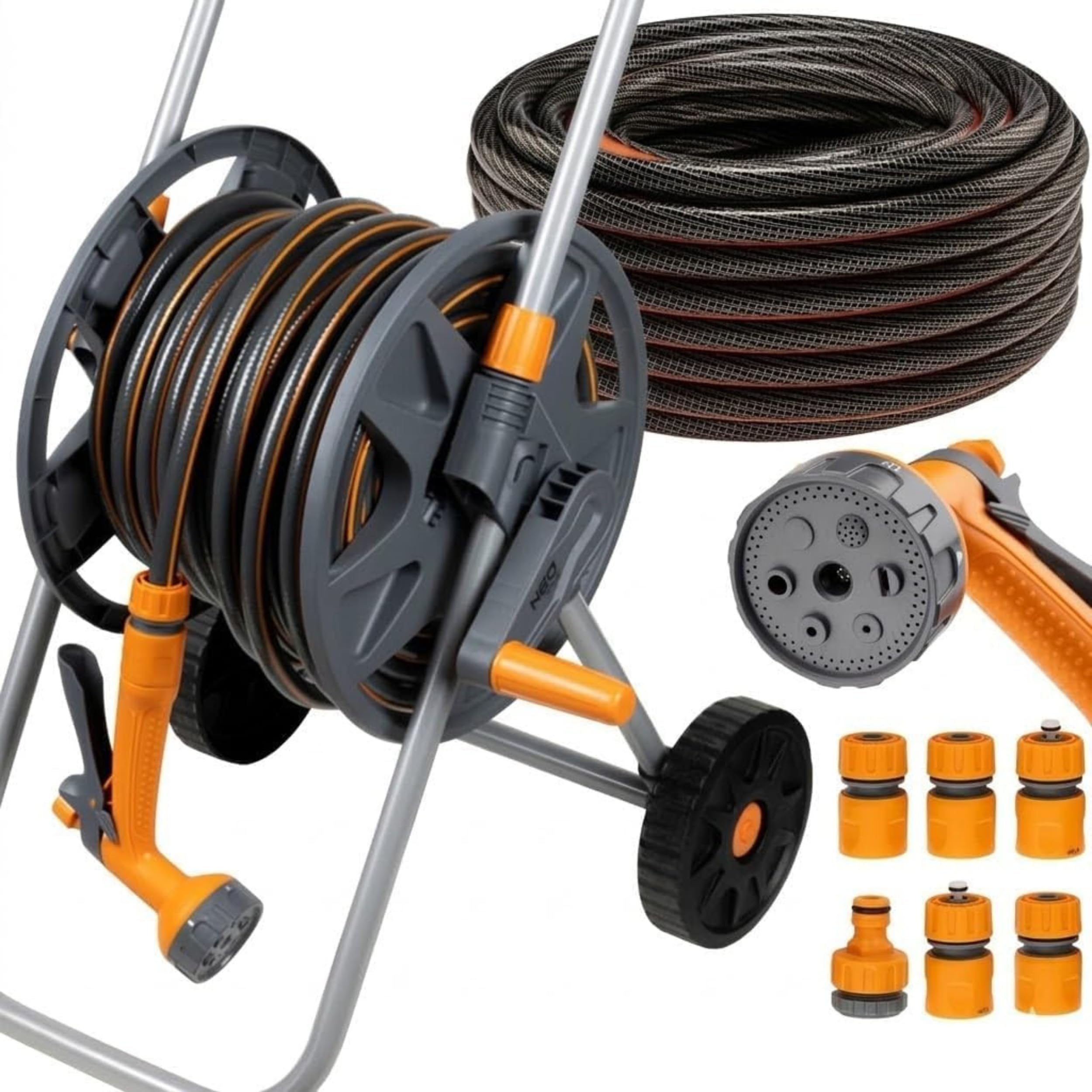 NEO TOOLS Kit complet d'irrigation de jardin mobile, avec dévidoir, tuyau d'arrosage de 30 m et douchette de jardin 6 fonctions pour pelouse, en PVC, résistant aux UV | Tuyau d'arrosage de 30 m - 1/2" - 6 fonctions - Pour pelouse et jardin - PVC - Résista